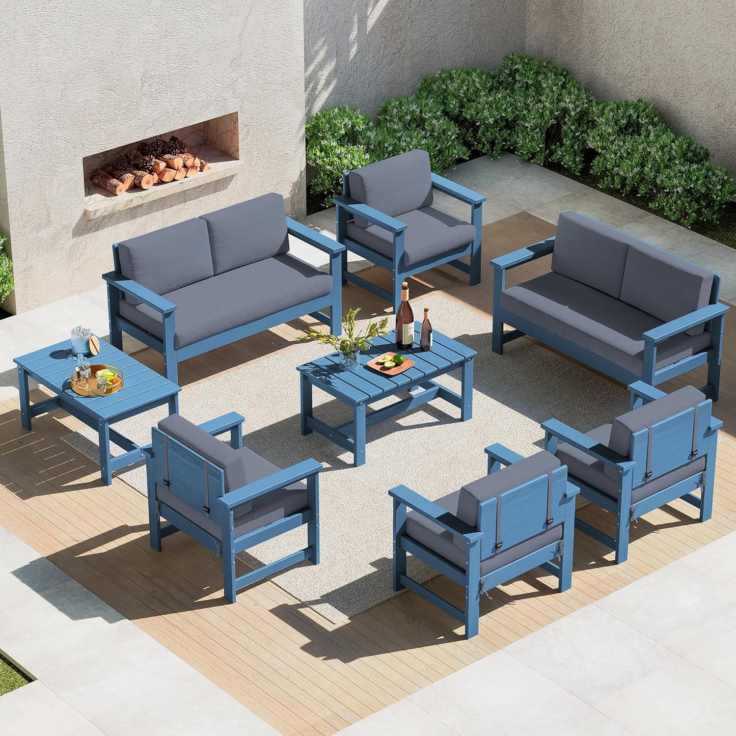 SERWALL 8 Pieces HDPE Outdoor Conversation Sofa Set with Cushions, All Weather Use Patio Couch Loveseat Furniture with Side Table for Balcony, Deck, Poolside, Black Frame with Khaki Cushions