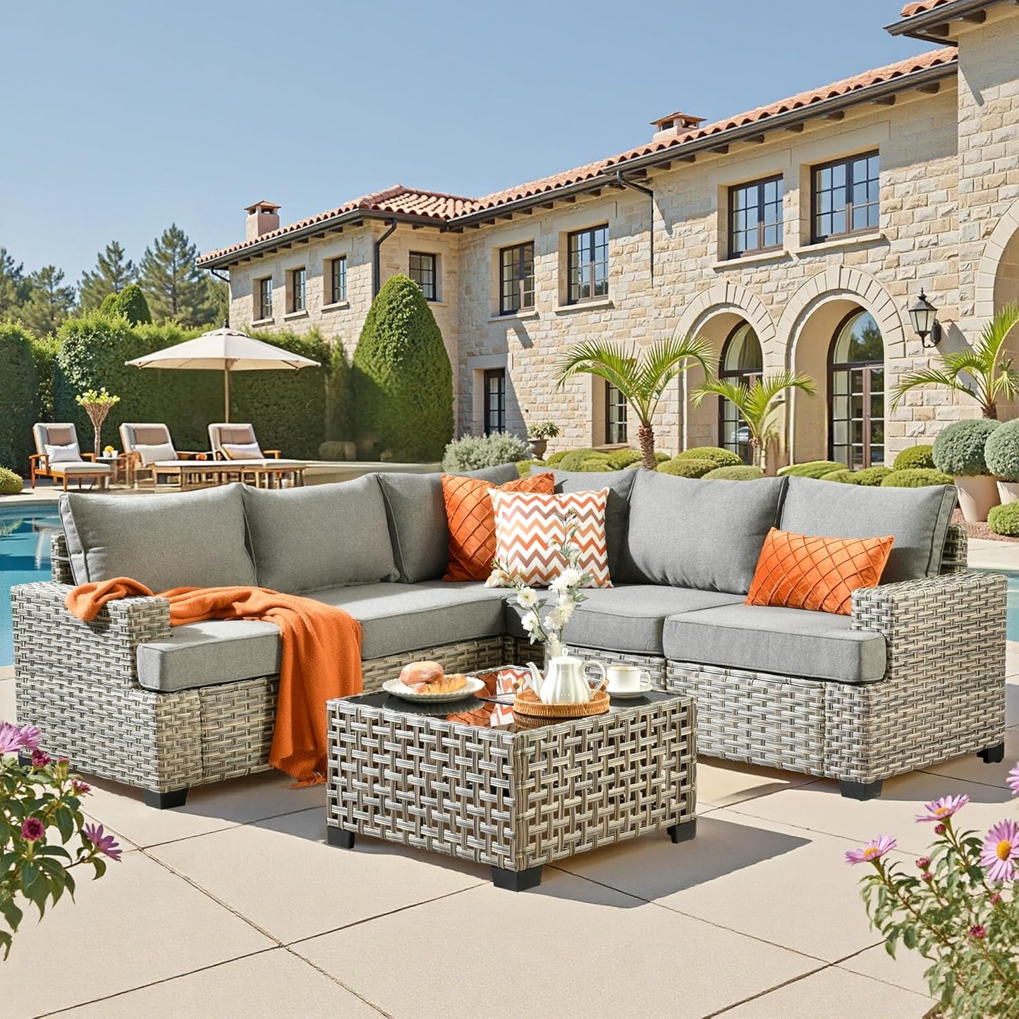 15-Piece Outdoor Sectional Sofa Set w/ 54" Fire Pit – L-Shaped Wicker Patio Furniture, Deep Seating & Swivel Rockers, Black