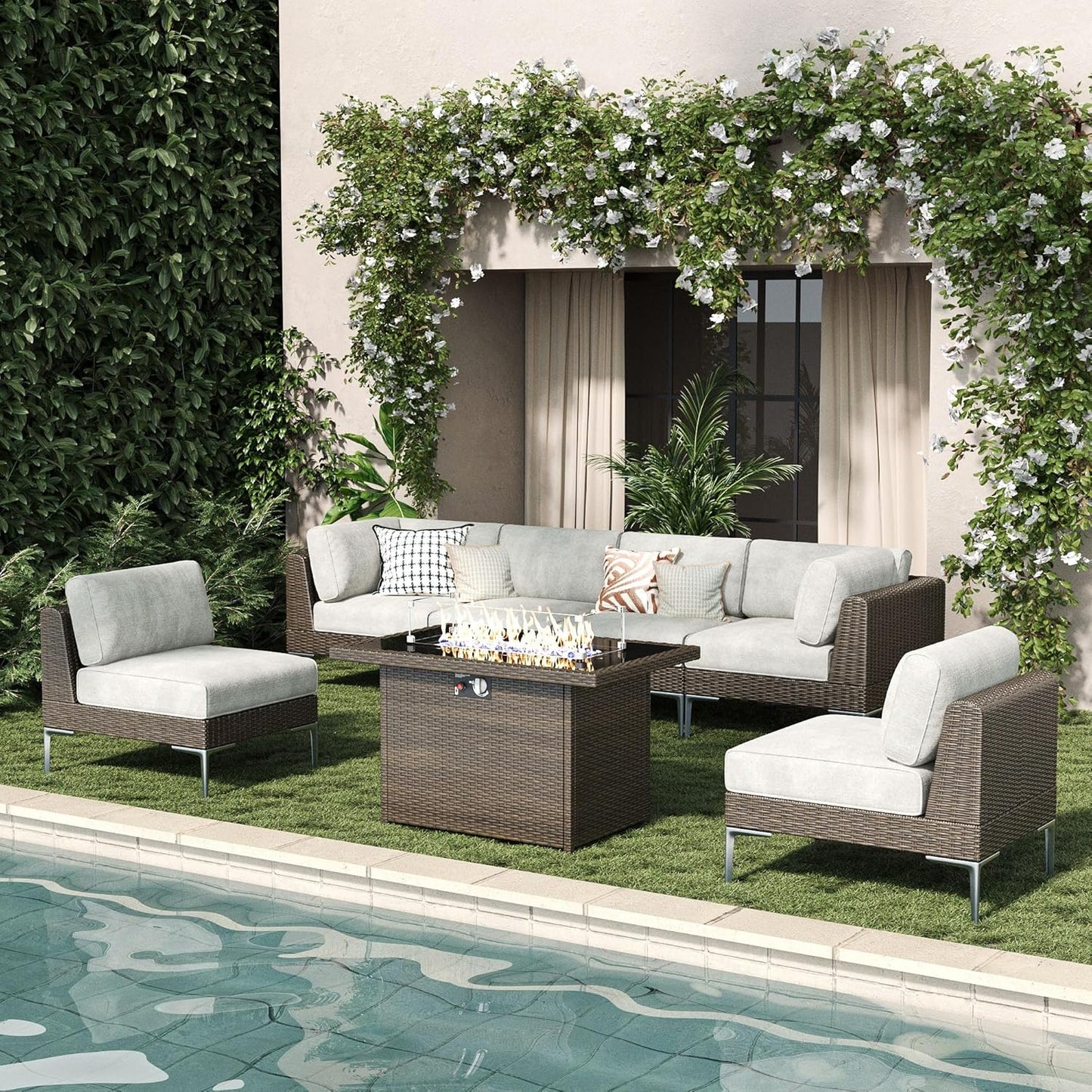 LayinSun 10-Piece Outdoor Modular Wicker Sectional Sofa with Fire Pit Table, Patio Furniture Conversation Set with Deep Seating and Thick Cushions