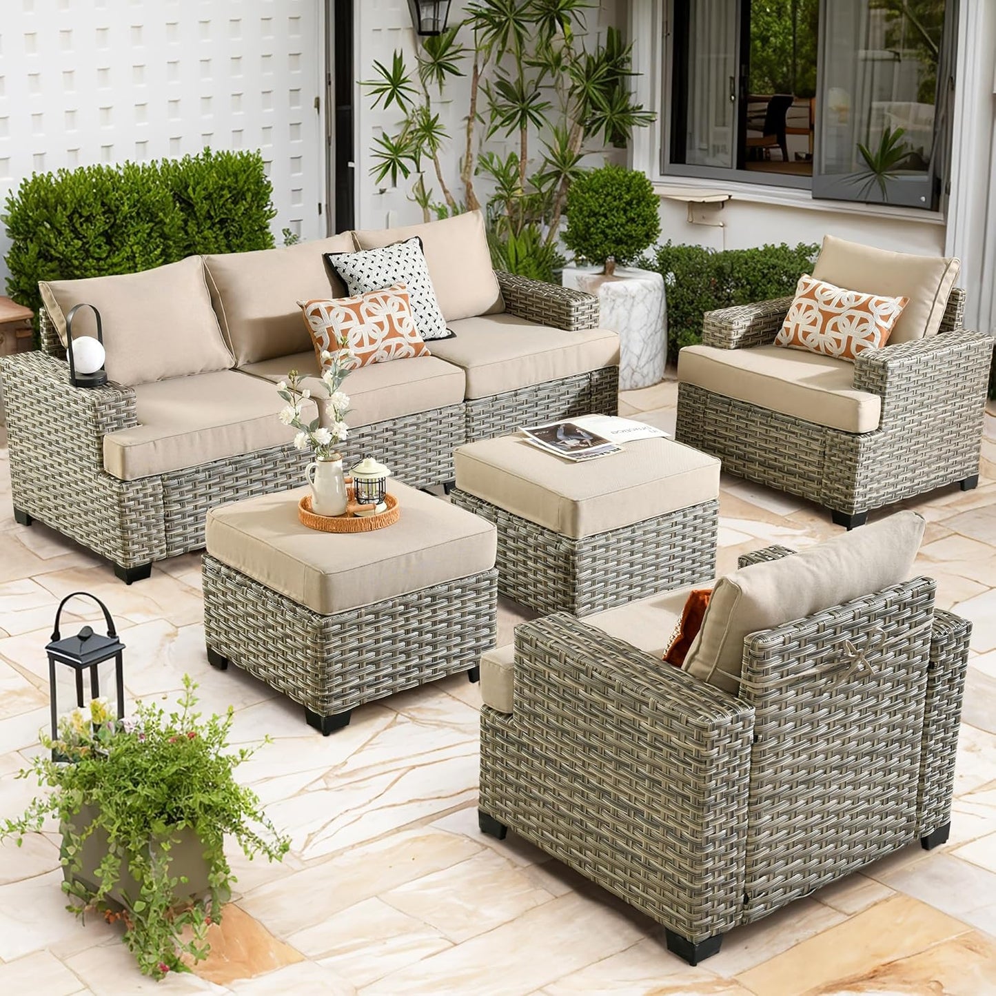 15-Piece Outdoor Sectional Sofa Set w/ 54" Fire Pit – L-Shaped Wicker Patio Furniture, Deep Seating & Swivel Rockers, Black