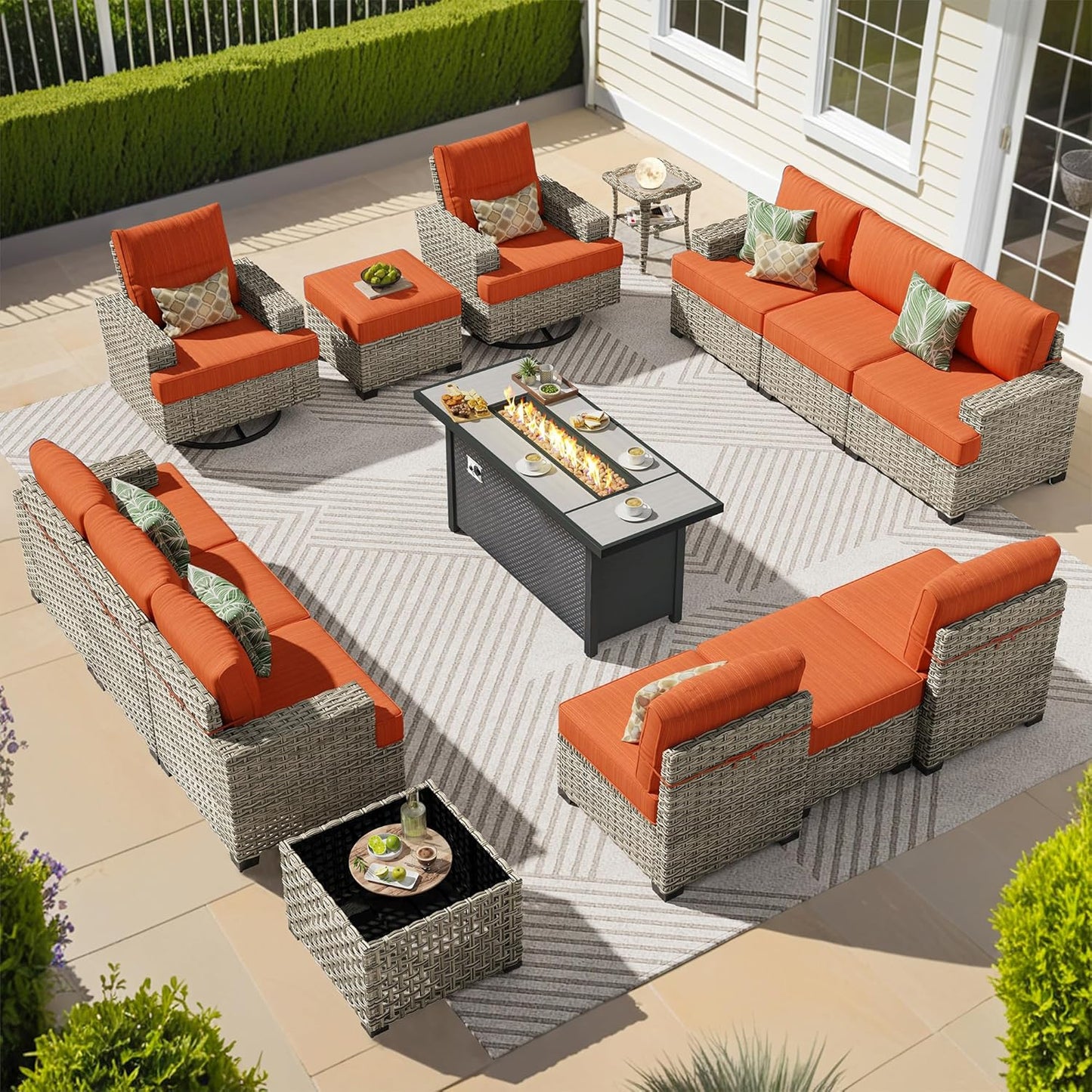 15-Piece Outdoor Sectional Sofa Set w/ 54" Fire Pit – L-Shaped Wicker Patio Furniture, Deep Seating & Swivel Rockers, Black