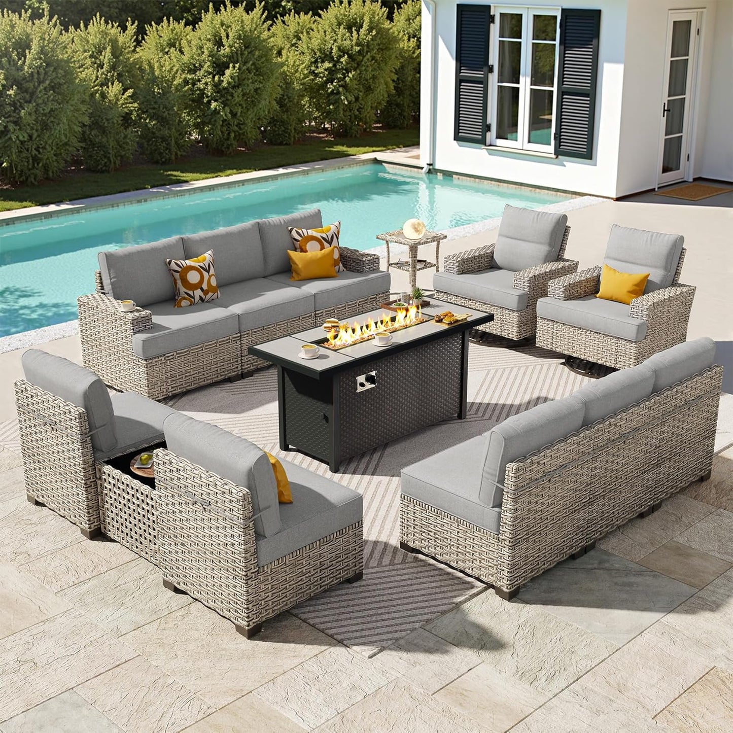 15-Piece Outdoor Sectional Sofa Set w/ 54" Fire Pit – L-Shaped Wicker Patio Furniture, Deep Seating & Swivel Rockers, Black