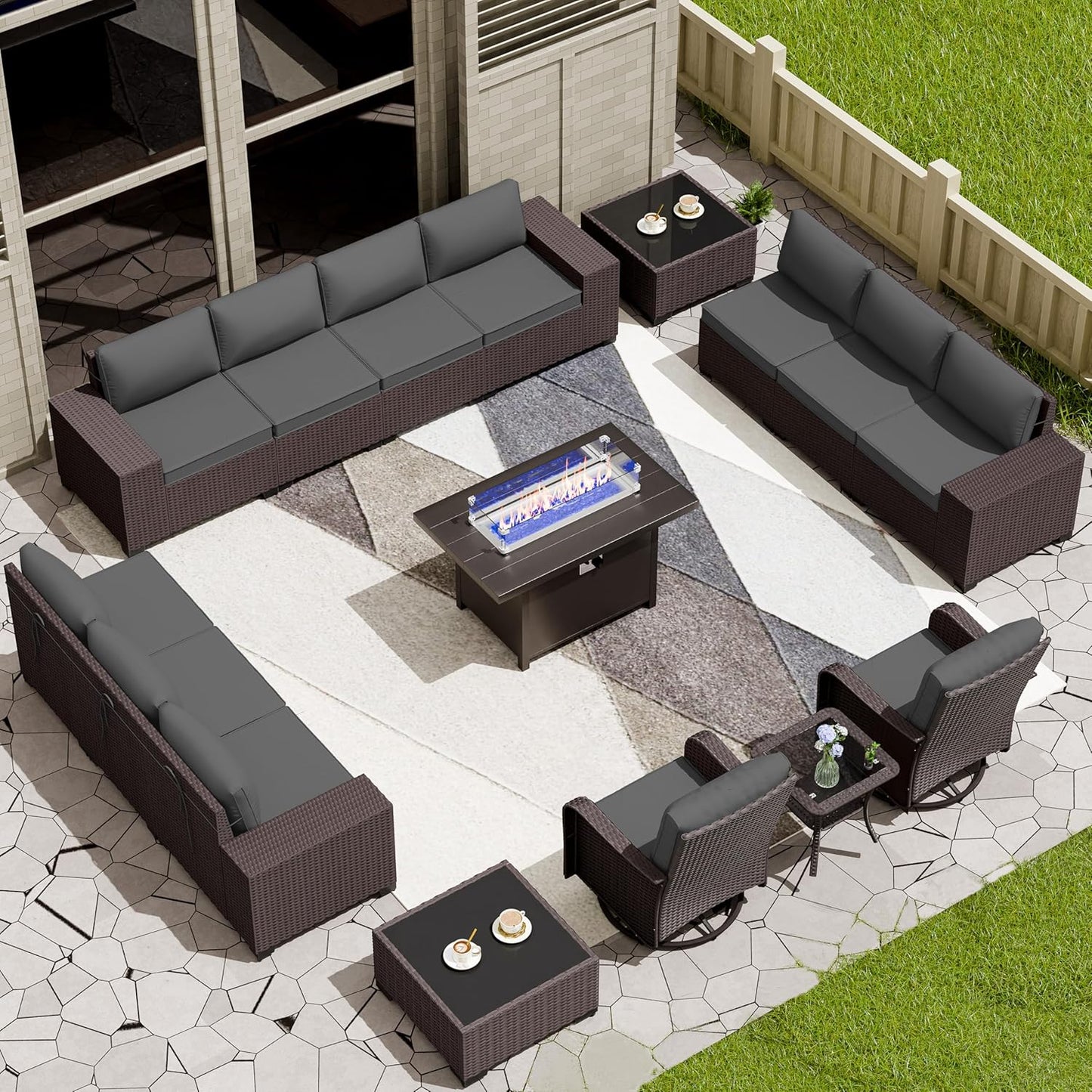 12 Pcs Outdoor Patio Furniture Set Outdoor Furniture All Weather Patio Sectional Sofa PE Wicker Modular Conversation Sets with Coffee Table, Swivel Rocking Chair (Grey)