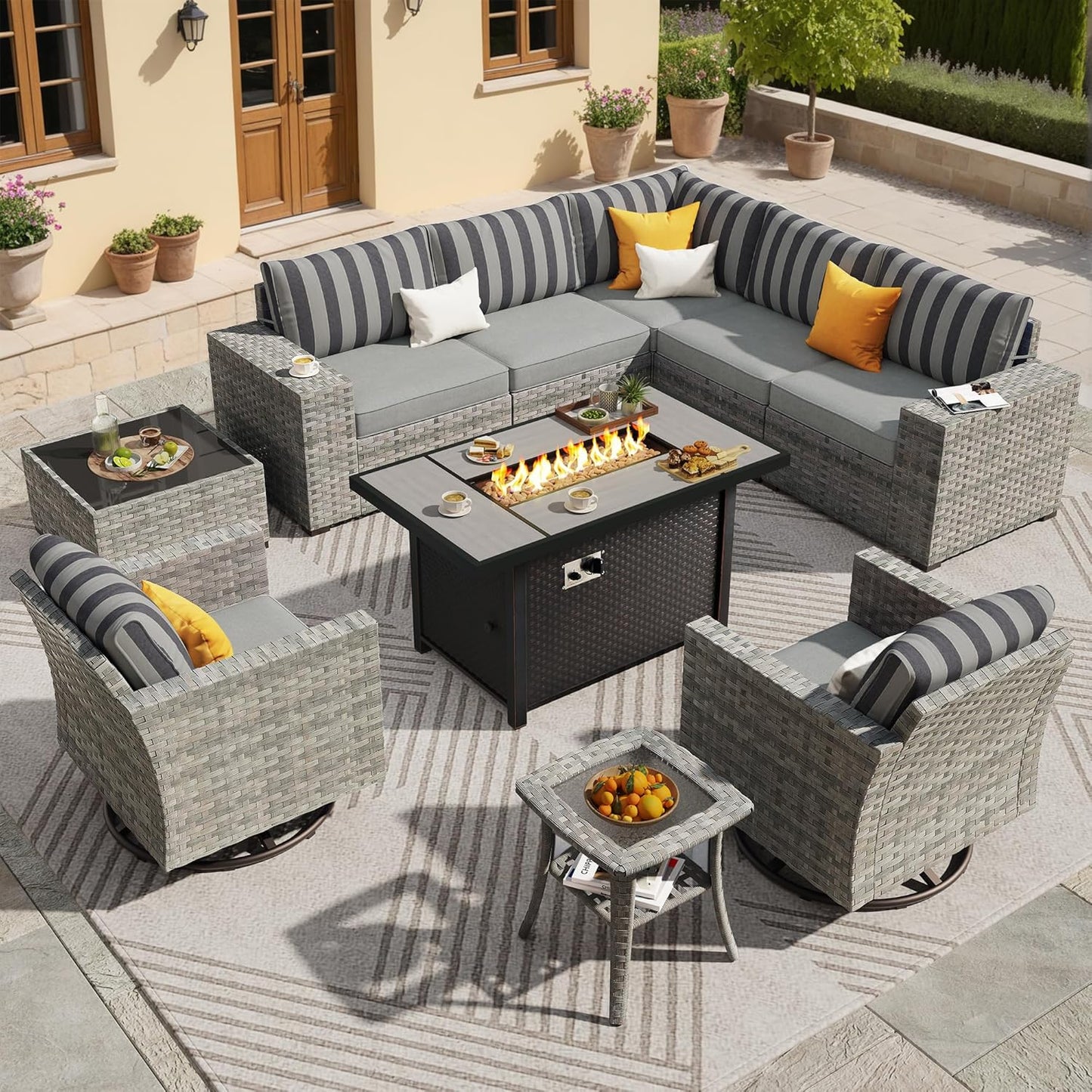 ovios 16 Pieces Patio Furniture Set, Outdoor Wicker Sectional Sofa with 54" Fire Pit Table Swivel Chairs, Modern Modular Deep Seat Rattan Couch Conversation Sets, Beige