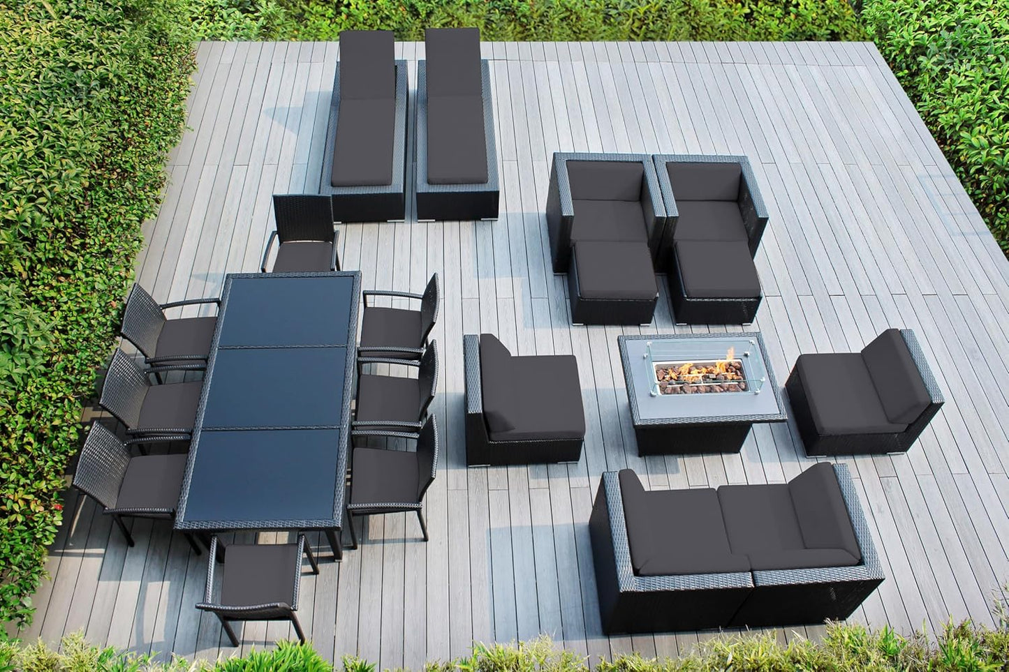 7 Piece Outdoor Patio Furniture Black Wicker Conversation Set with Fully Assembled Sectional and 42-inch Propane Gas Fire Table