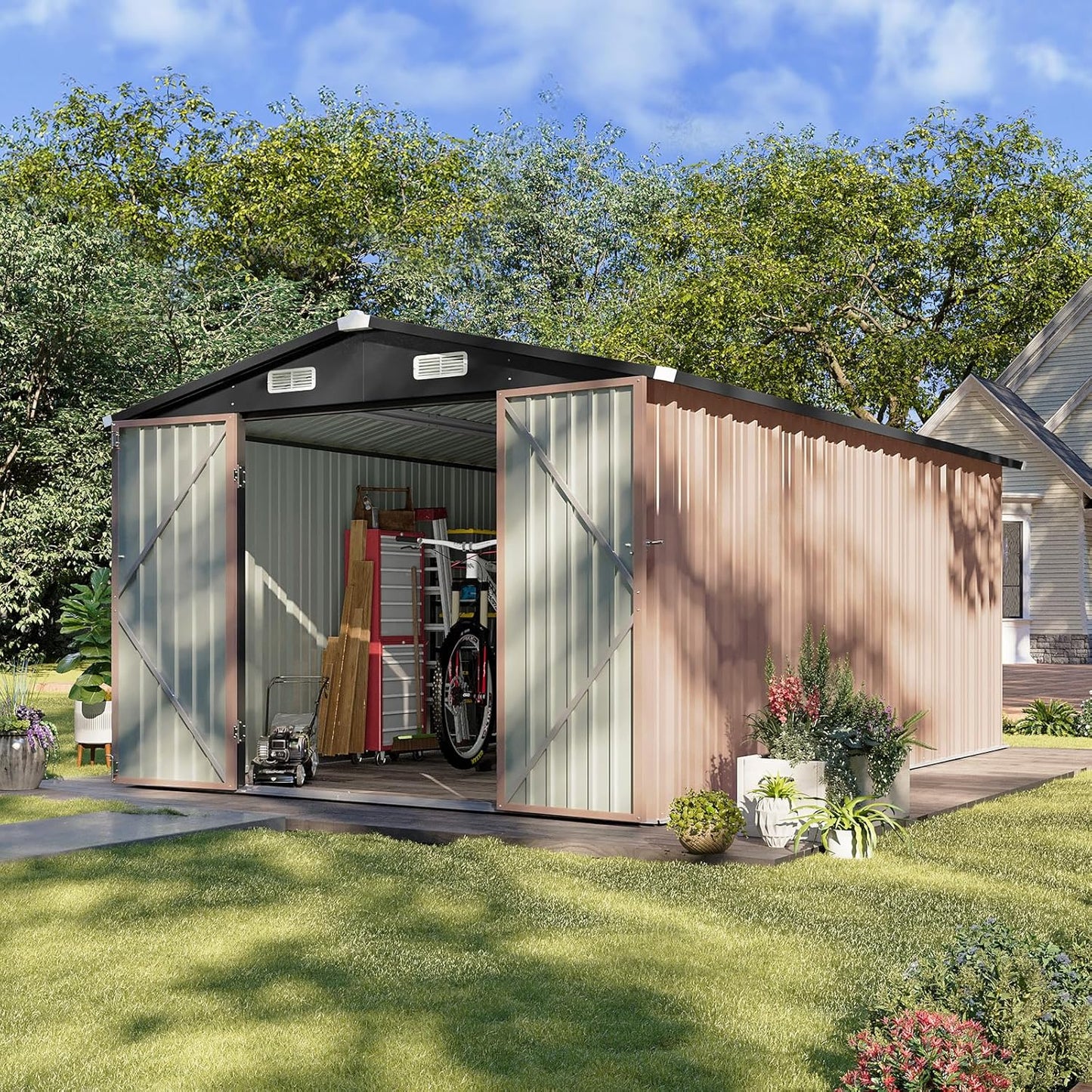 Aoxun 10 x 12FT Outdoor Storage Shed with Double Hinged Large Door Utility Garden Shed with Lockable Door & Sloped Roof Metal Sheds Outdoor Storage for Garden, Backyard, Patio and Backyard, Brown