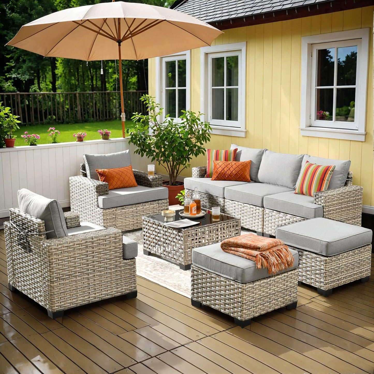 15-Piece Outdoor Sectional Sofa Set w/ 43" Fire Pit – L-Shaped Wicker Patio Furniture, Deep Seating & Swivel Rockers, Black