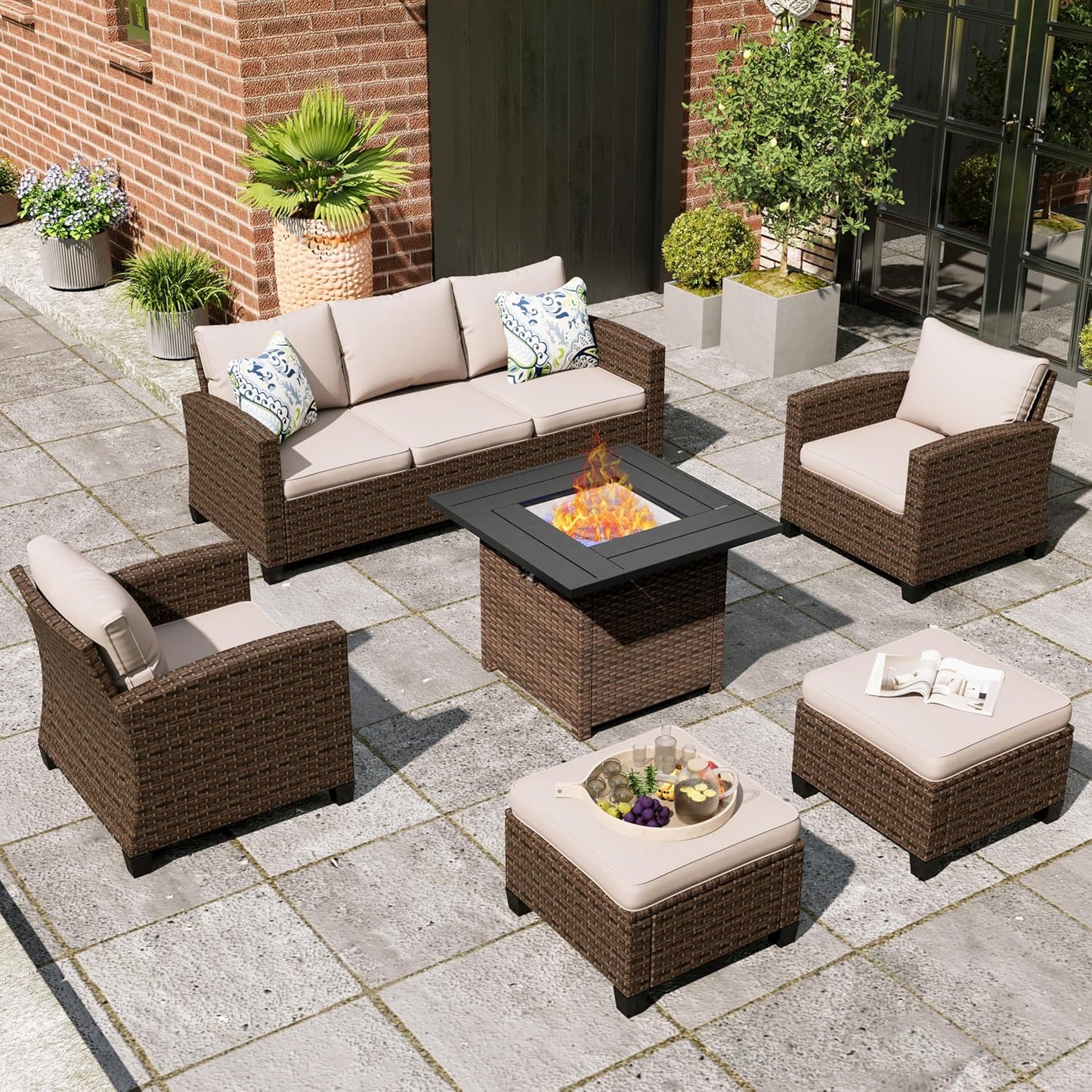 Swivel Glider Patio Furniture Set, 8 Pcs Wicker Rattan Outdoor Conversation Set, 2 x Swivel Chairs, 2 x Leg Chairs, 1 x 3 Seater Sofa and 2 x Ottomans and 56" Fire Pit Table, Blue