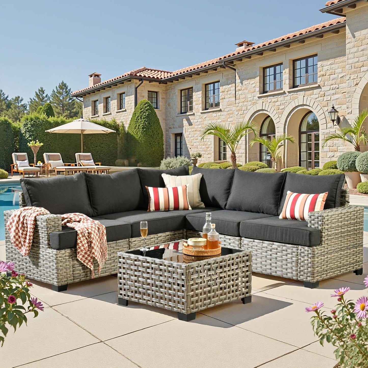 15-Piece Outdoor Sectional Sofa Set w/ 54" Fire Pit – L-Shaped Wicker Patio Furniture, Deep Seating & Swivel Rockers, Black