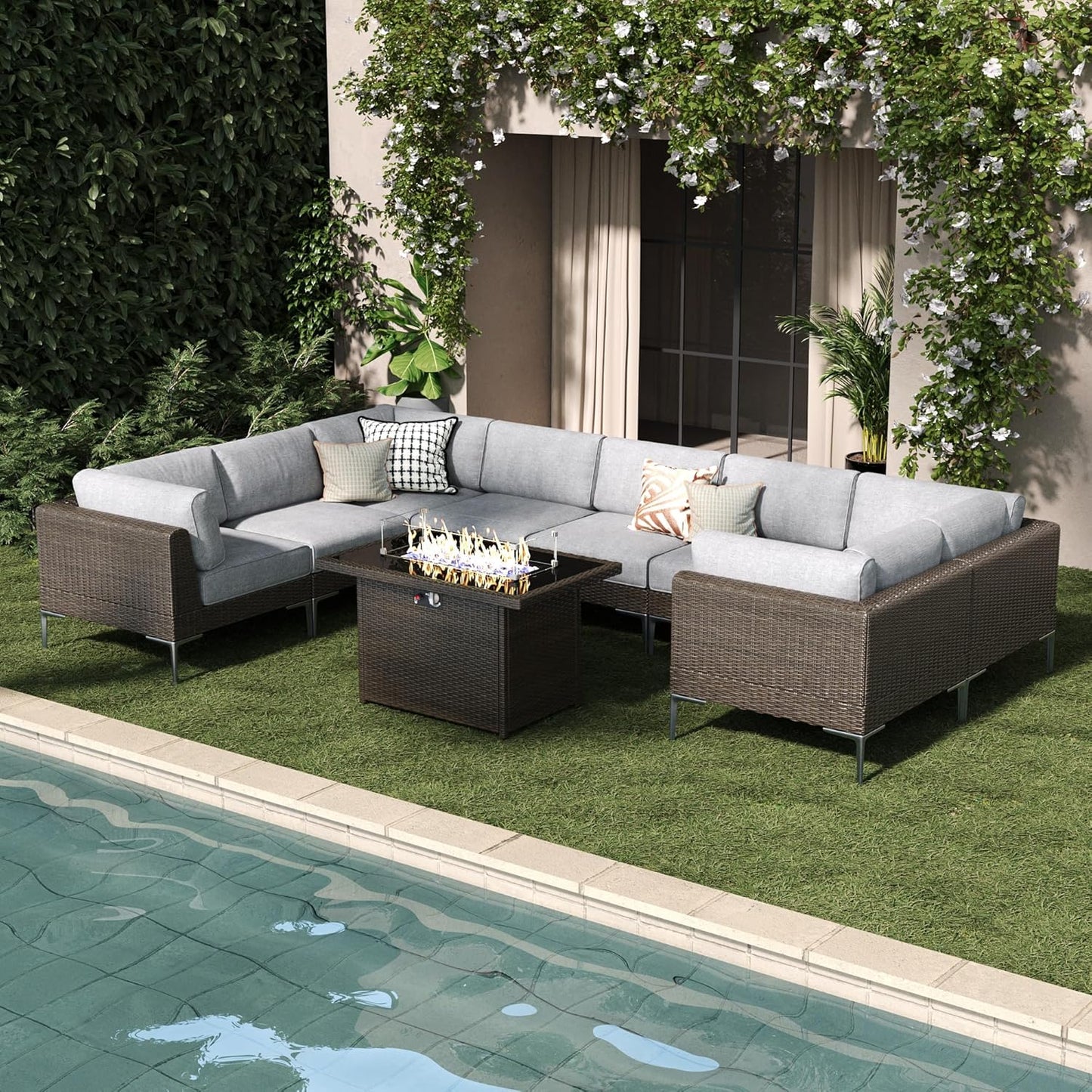 LayinSun 10-Piece Outdoor Modular Wicker Sectional Sofa with Fire Pit Table, Patio Furniture Conversation Set with Deep Seating and Thick Cushions