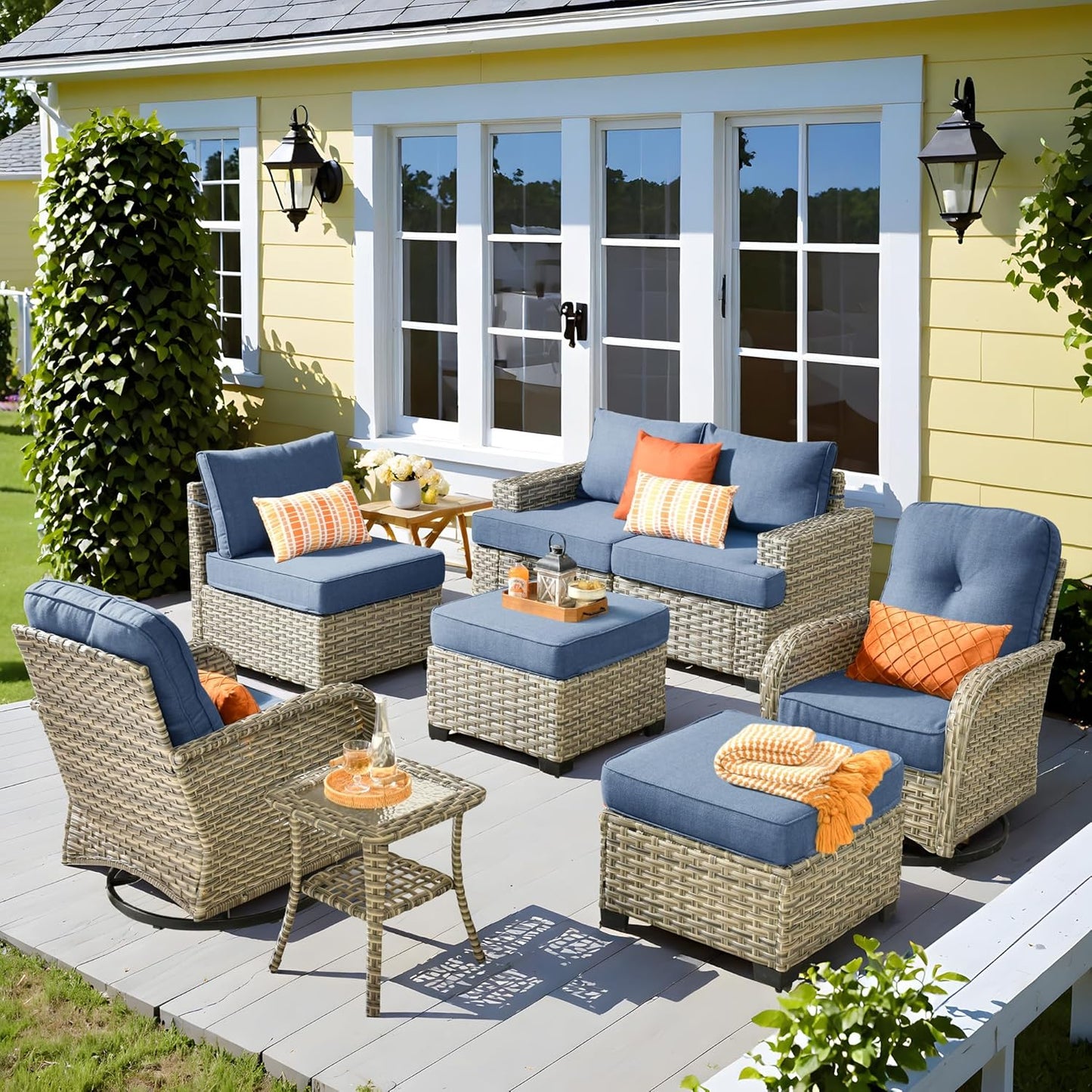 15-Piece Outdoor Sectional Sofa Set w/ 54" Fire Pit – L-Shaped Wicker Patio Furniture, Deep Seating & Swivel Rockers, Black