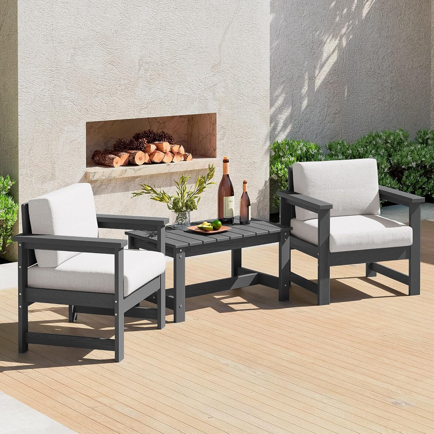 SERWALL 8 Pieces HDPE Outdoor Conversation Sofa Set with Cushions, All Weather Use Patio Couch Loveseat Furniture with Side Table for Balcony, Deck, Poolside, Black Frame with Khaki Cushions