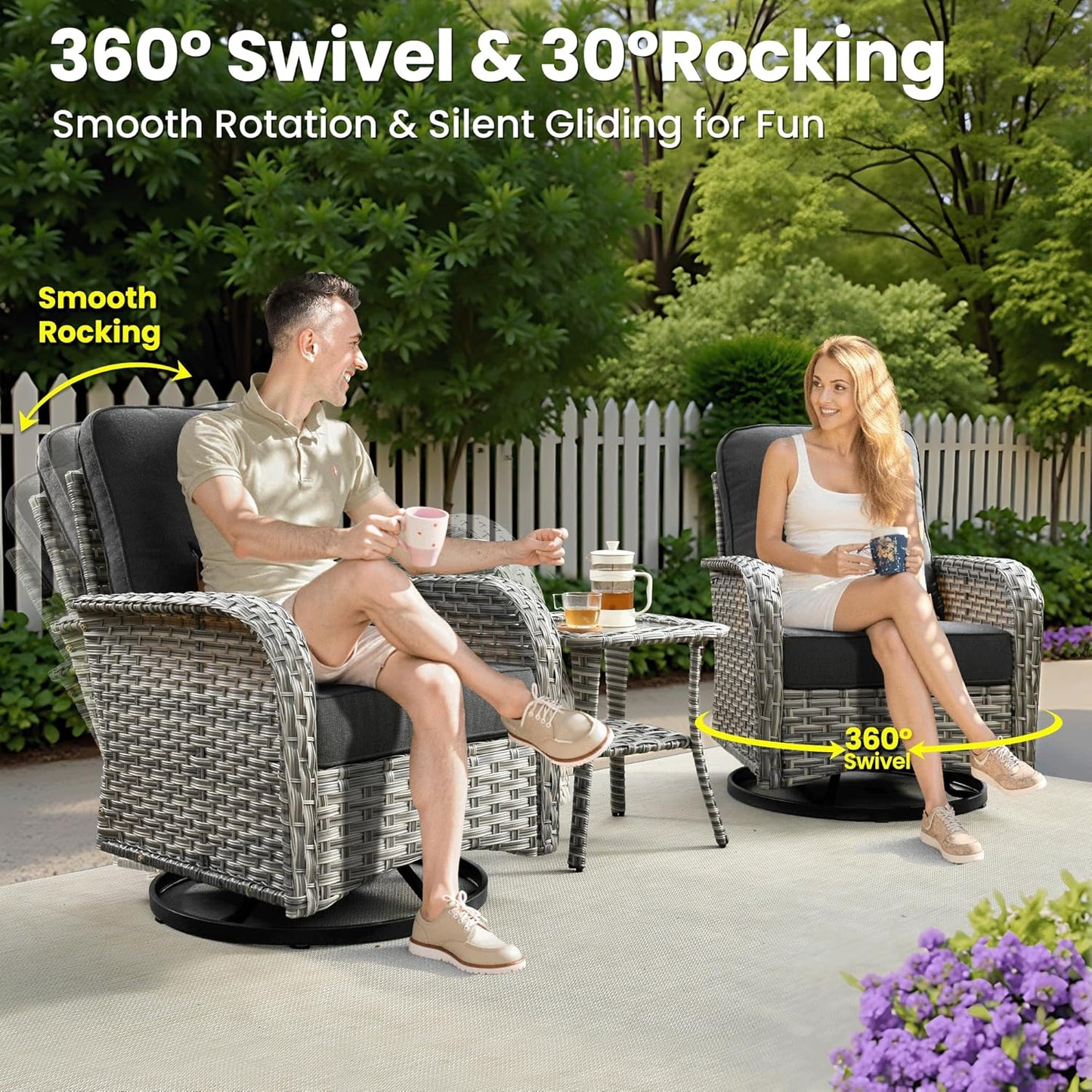 ovios 9 Pieces Patio Furniture Set Outdoor Sectional Sofa Couch with Fire Pit Table Rocking Swivel Chairs Deep Seat Chaise, Modern Modular Wicker Rattan Conversation Set, Black