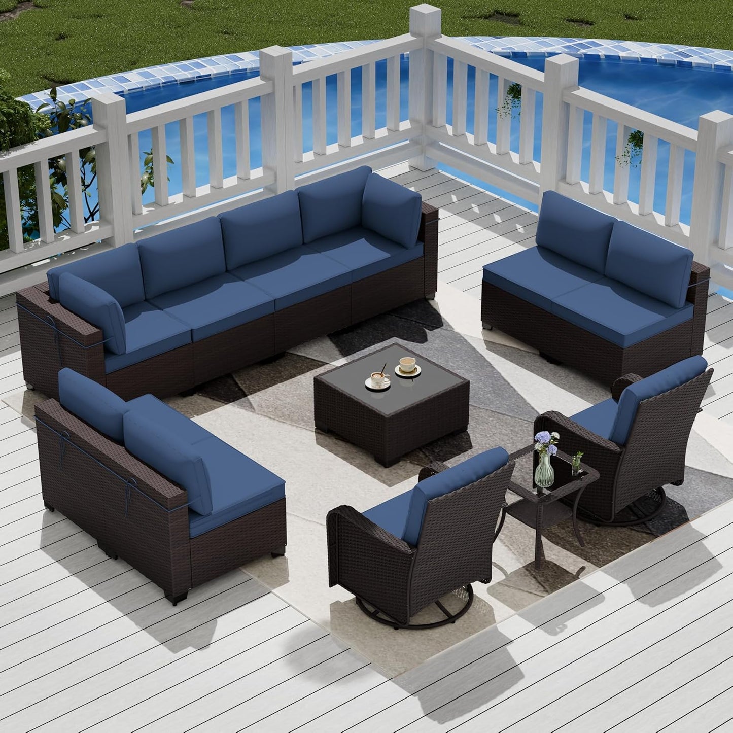 12 Pcs Outdoor Patio Furniture Set Outdoor Furniture All Weather Patio Sectional Sofa PE Wicker Modular Conversation Sets with Coffee Table, Swivel Rocking Chair (Grey)