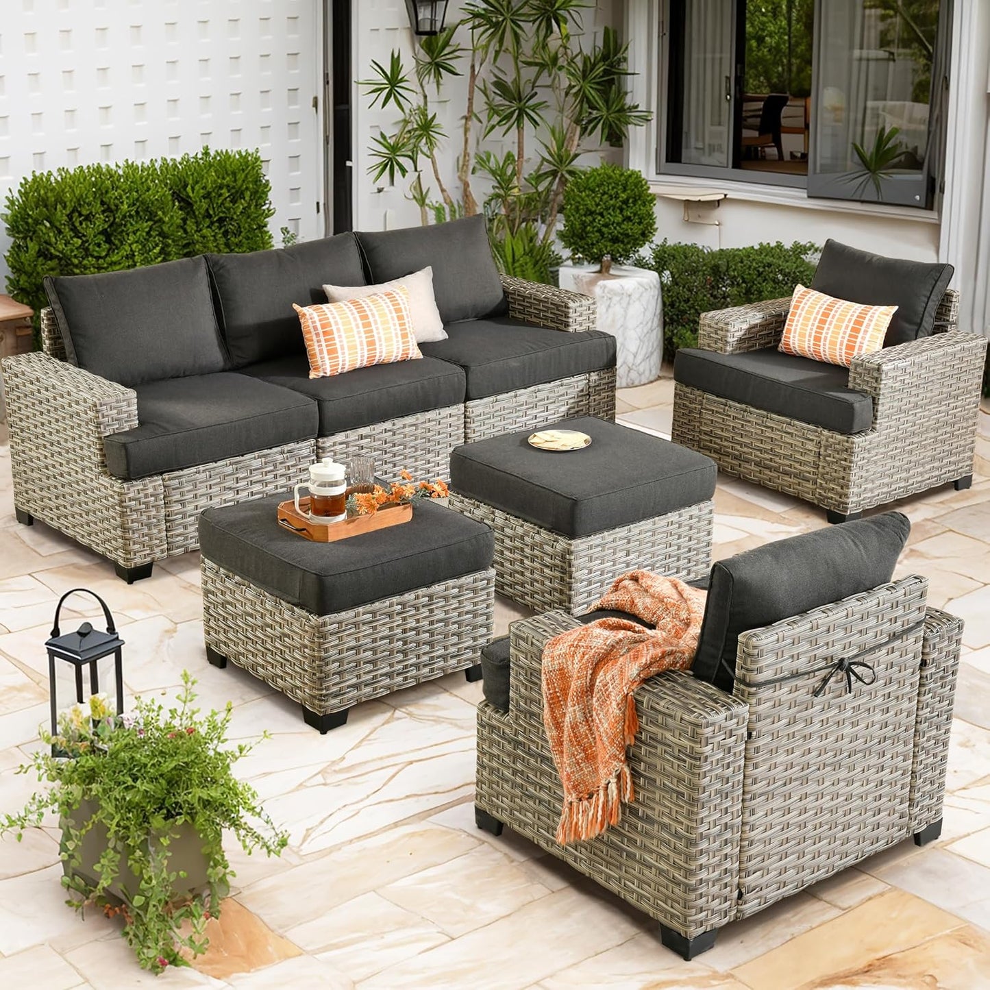 15-Piece Outdoor Sectional Sofa Set w/ 43" Fire Pit – L-Shaped Wicker Patio Furniture, Deep Seating & Swivel Rockers, Black