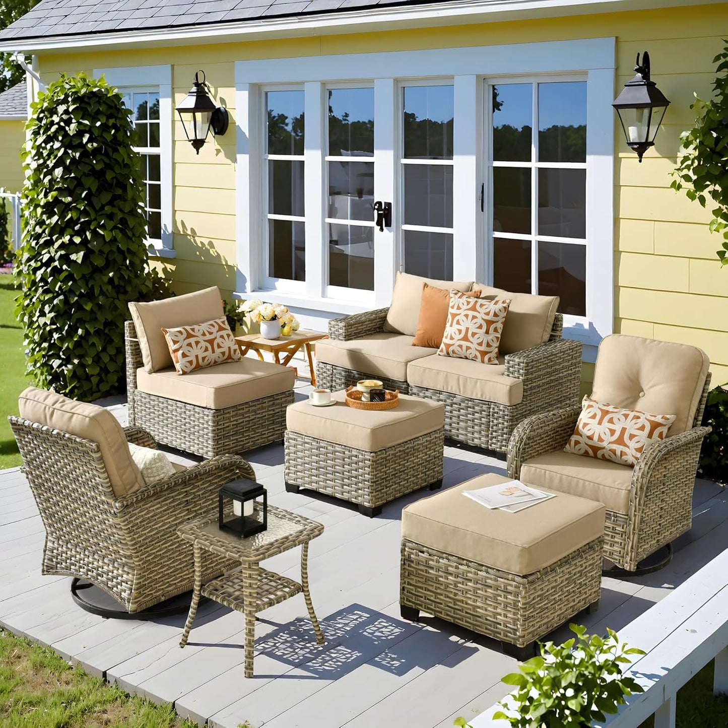 15-Piece Outdoor Sectional Sofa Set w/ 43" Fire Pit – L-Shaped Wicker Patio Furniture, Deep Seating & Swivel Rockers, Black