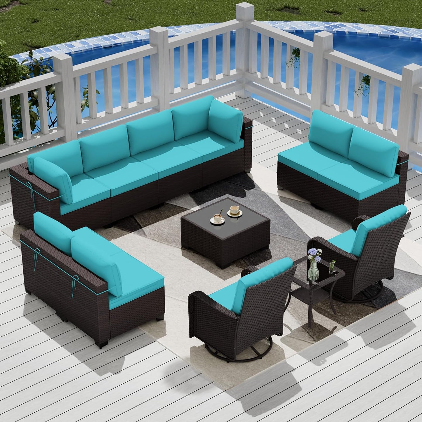 12 Pcs Outdoor Patio Furniture Set Outdoor Furniture All Weather Patio Sectional Sofa PE Wicker Modular Conversation Sets with Coffee Table, Swivel Rocking Chair (Grey)