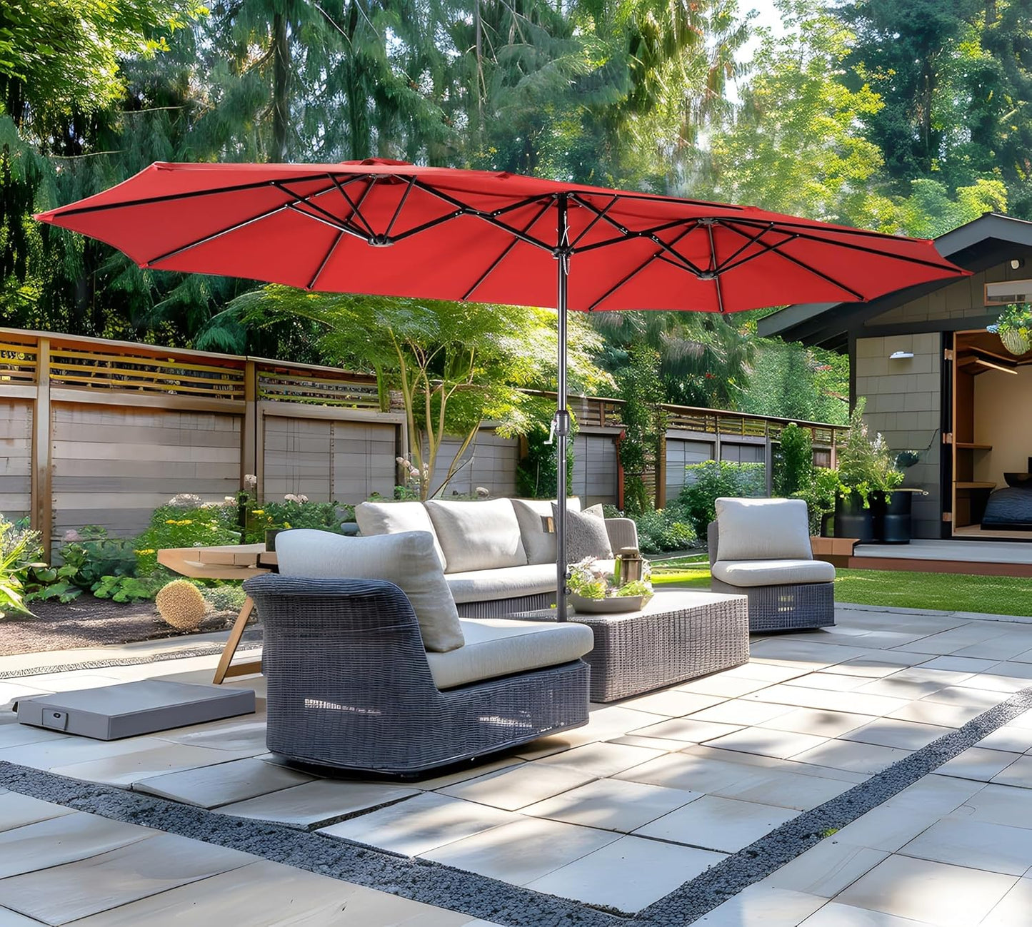 Bigroof 15ft x 9ft Patio Double-Sided Umbrella with Base & Crank, Extra Large Rectangular Outdoor Umbrella for Patio, Lawn & Garden, Beige