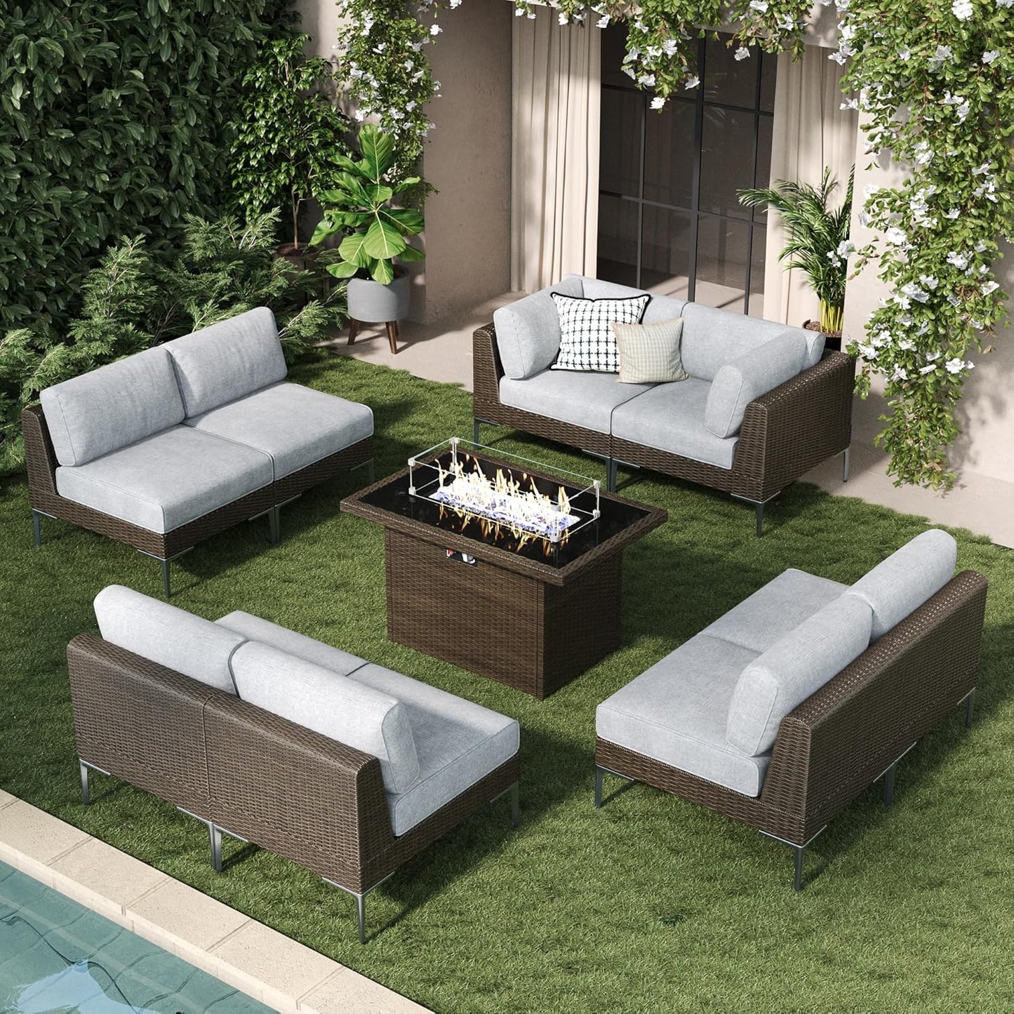 LayinSun 10-Piece Outdoor Modular Wicker Sectional Sofa with Fire Pit Table, Patio Furniture Conversation Set with Deep Seating and Thick Cushions