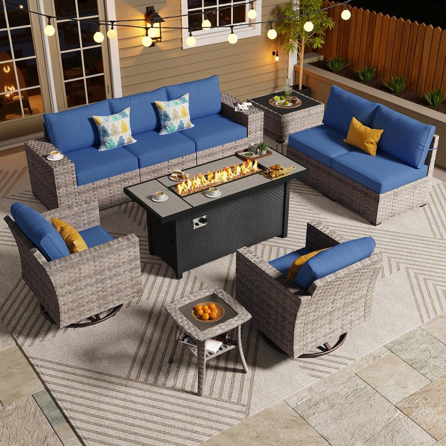 ovios 16 Pieces Patio Furniture Set, Outdoor Wicker Sectional Sofa with 54" Fire Pit Table Swivel Chairs, Modern Modular Deep Seat Rattan Couch Conversation Sets, Beige