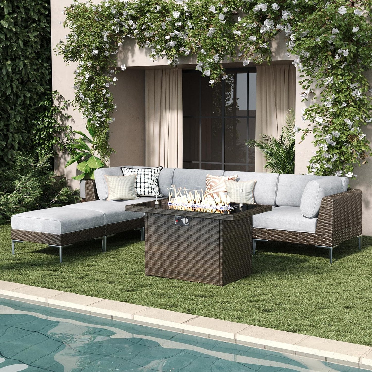 LayinSun 10-Piece Outdoor Modular Wicker Sectional Sofa with Fire Pit Table, Patio Furniture Conversation Set with Deep Seating and Thick Cushions