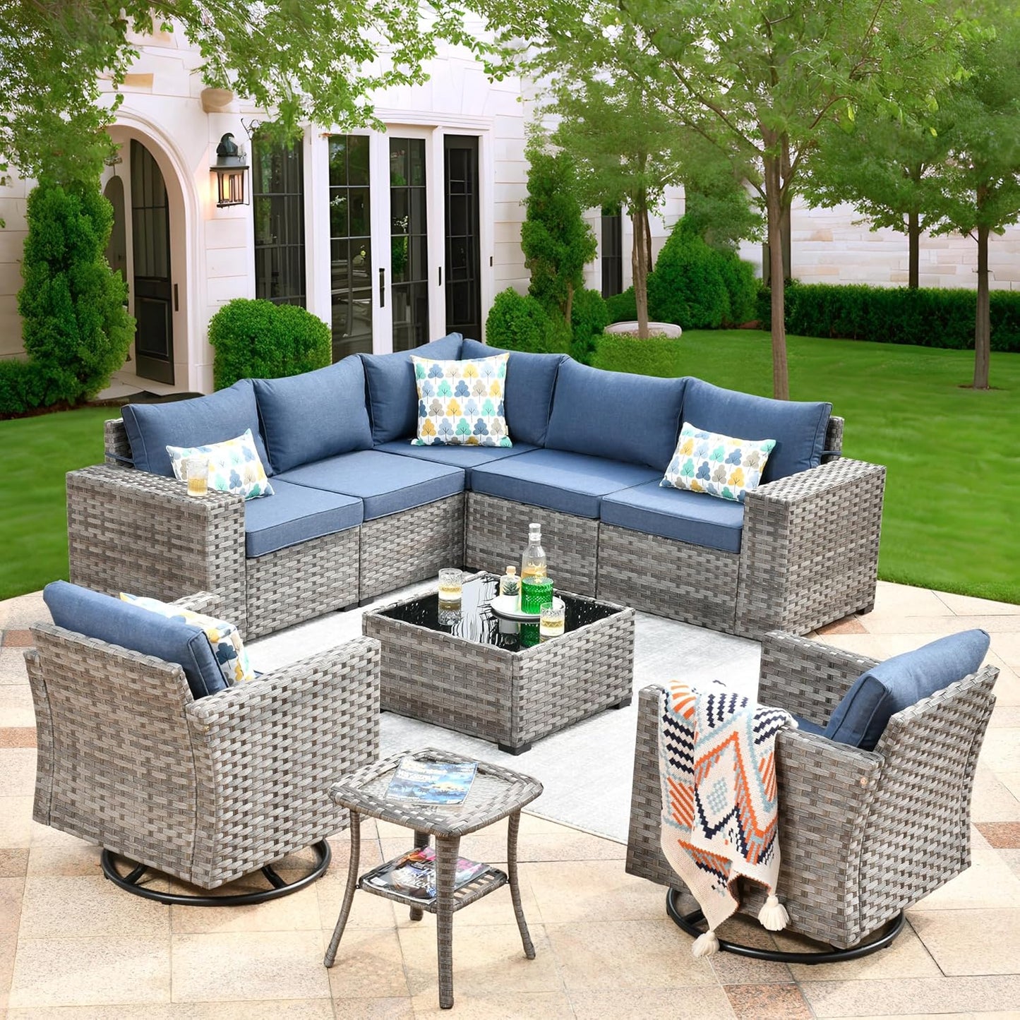 ovios 16 Pieces Patio Furniture Set, Outdoor Wicker Sectional Sofa with 54" Fire Pit Table Swivel Chairs, Modern Modular Deep Seat Rattan Couch Conversation Sets, Beige