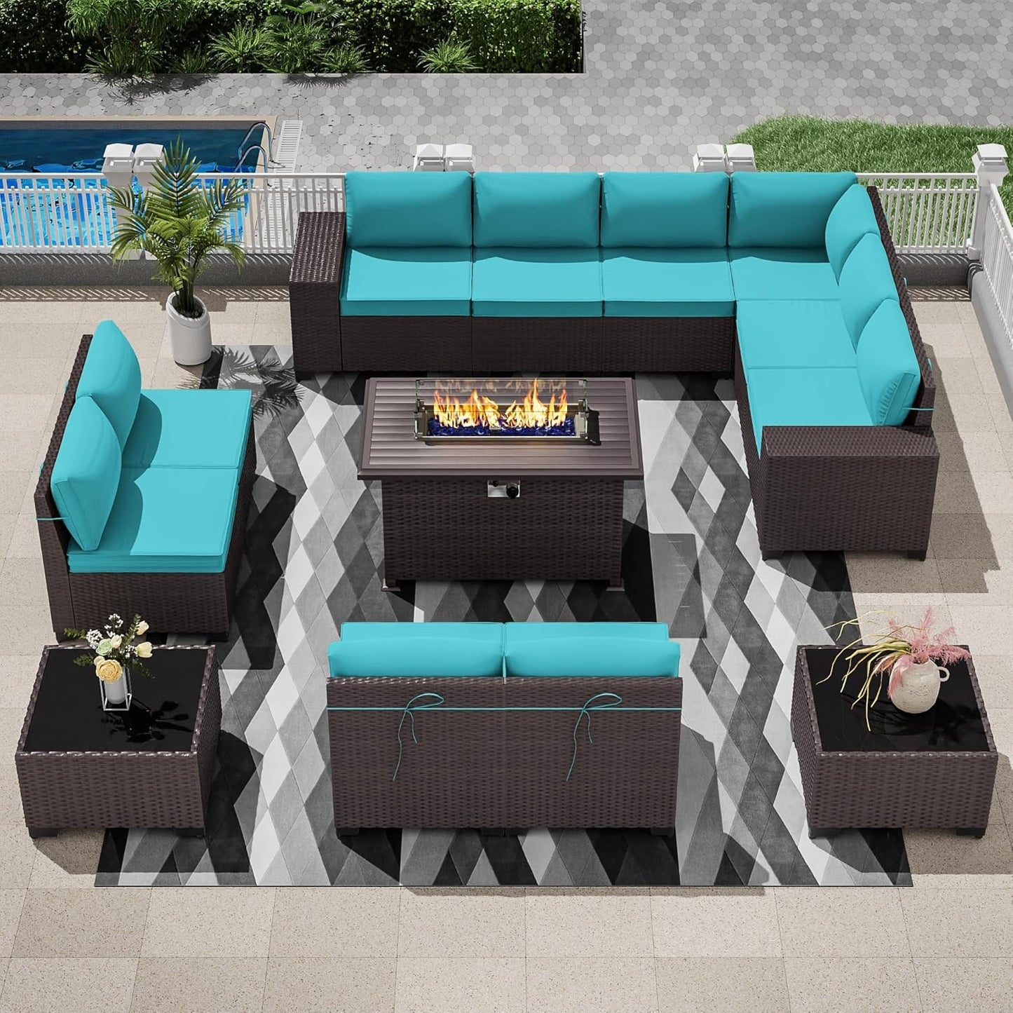 12 Pcs Outdoor Patio Furniture Set Outdoor Furniture All Weather Patio Sectional Sofa PE Wicker Modular Conversation Sets with Coffee Table, Swivel Rocking Chair (Grey)