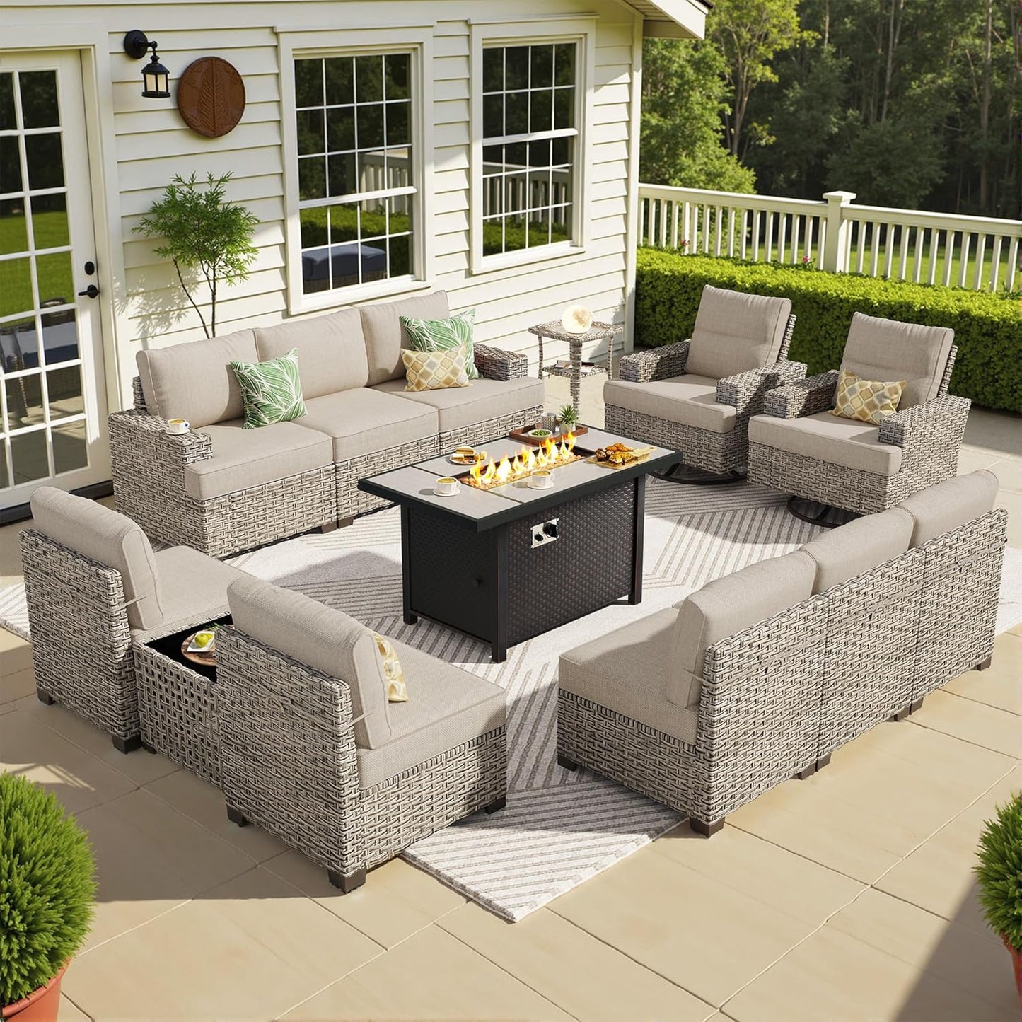 15-Piece Outdoor Sectional Sofa Set w/ 54" Fire Pit – L-Shaped Wicker Patio Furniture, Deep Seating & Swivel Rockers, Black