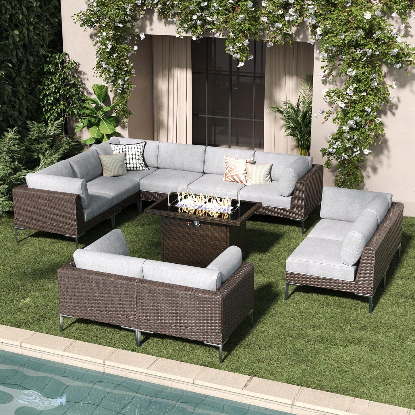 LayinSun 10-Piece Outdoor Modular Wicker Sectional Sofa with Fire Pit Table, Patio Furniture Conversation Set with Deep Seating and Thick Cushions