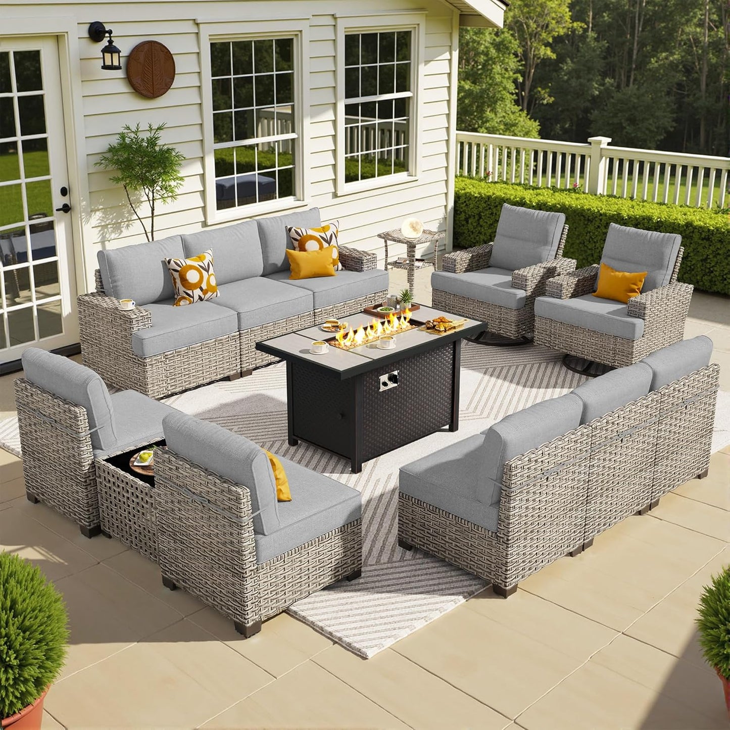 15-Piece Outdoor Sectional Sofa Set w/ 54" Fire Pit – L-Shaped Wicker Patio Furniture, Deep Seating & Swivel Rockers, Black