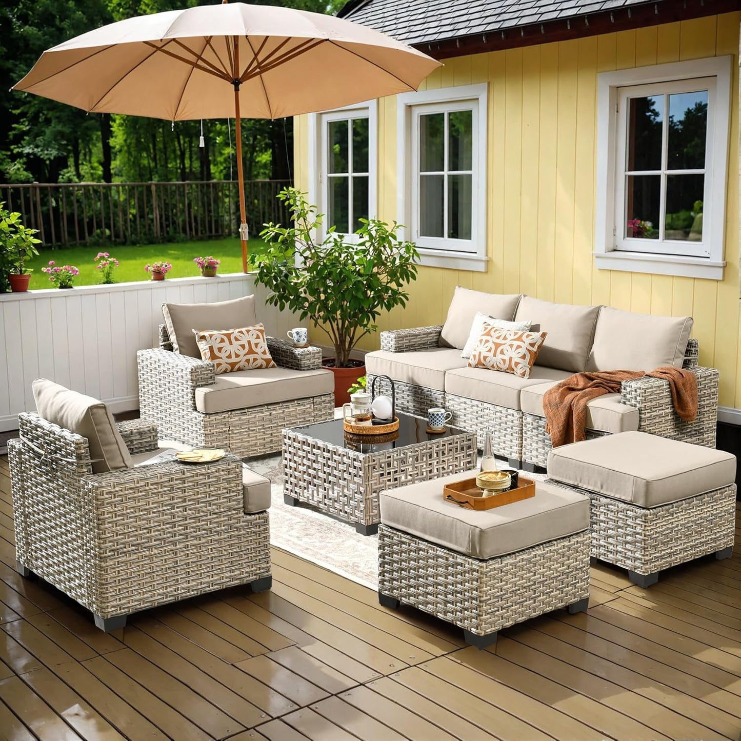 15-Piece Outdoor Sectional Sofa Set w/ 54" Fire Pit – L-Shaped Wicker Patio Furniture, Deep Seating & Swivel Rockers, Black
