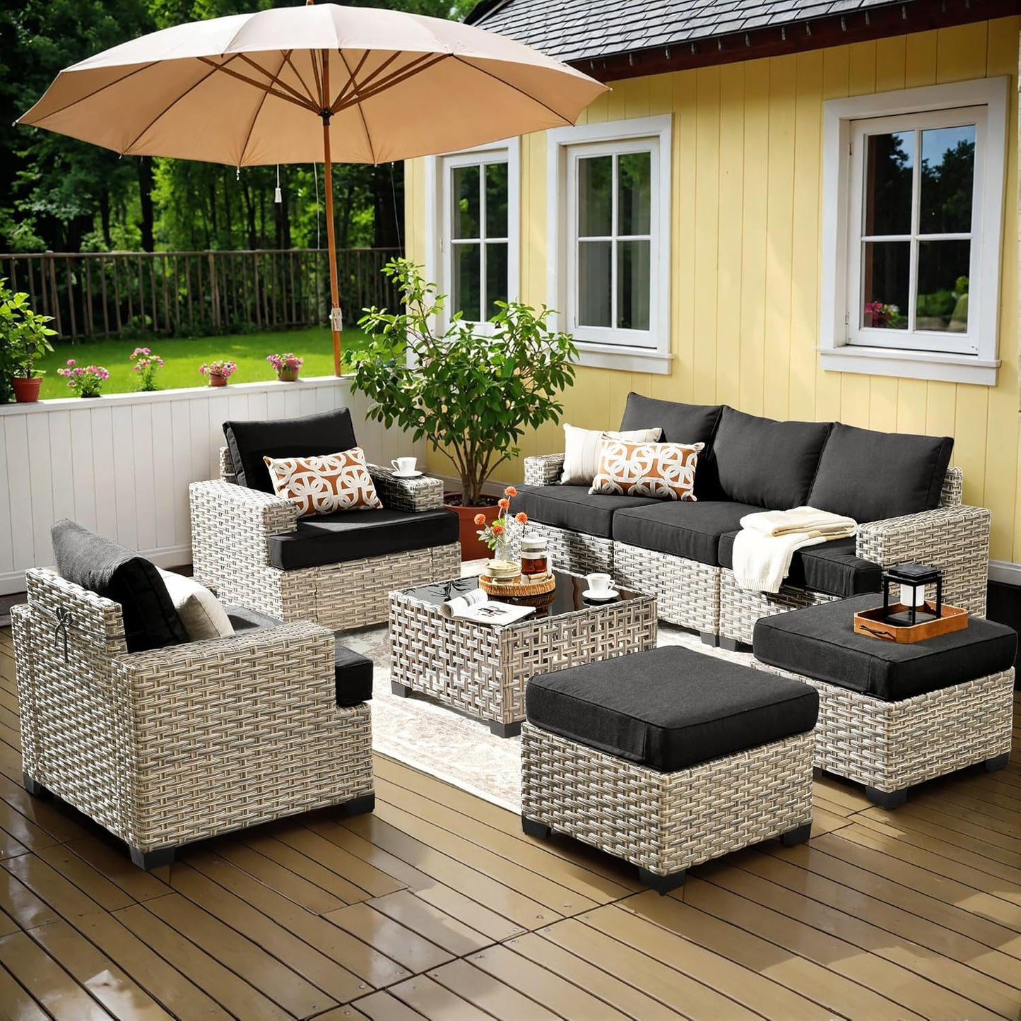 15-Piece Outdoor Sectional Sofa Set w/ 54" Fire Pit – L-Shaped Wicker Patio Furniture, Deep Seating & Swivel Rockers, Black