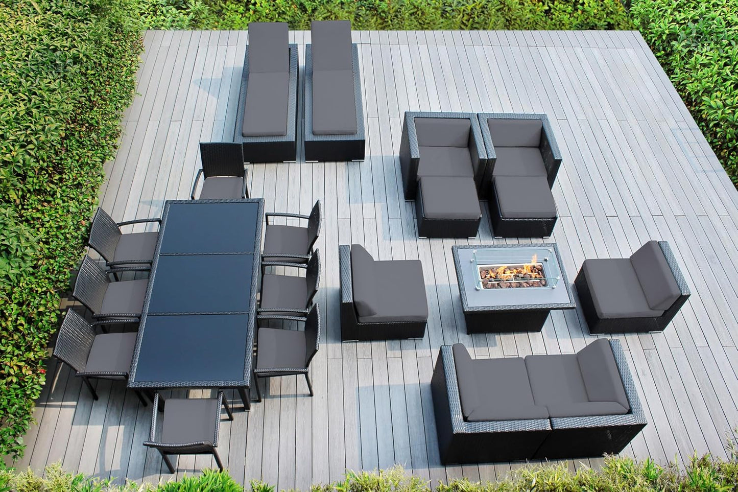 7 Piece Outdoor Patio Furniture Black Wicker Conversation Set with Fully Assembled Sectional and 42-inch Propane Gas Fire Table