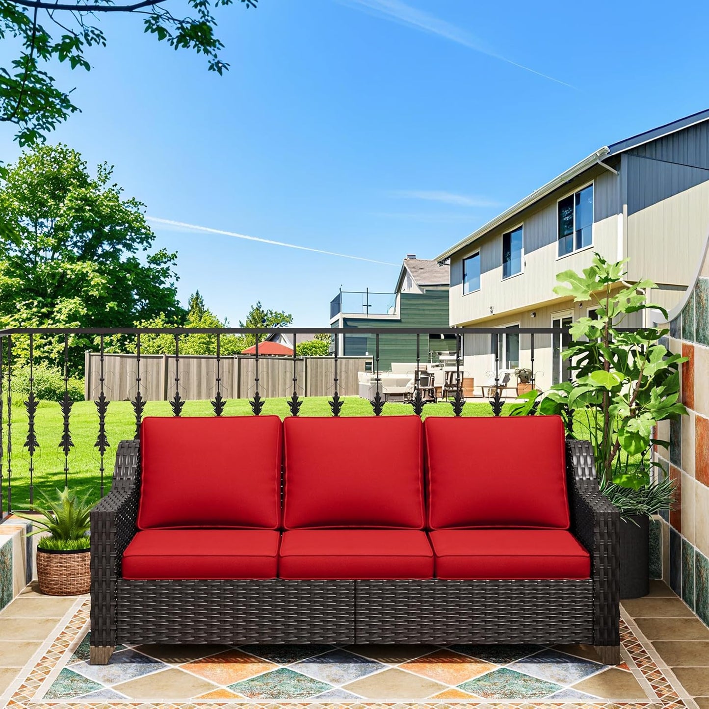 77'' Patio Sofa, All Weather Outdoor Rattan Wicker 3-Seat Sofa High Back Couch with Premium Cushions for Garden Backyard Porch(Brown/Navy)