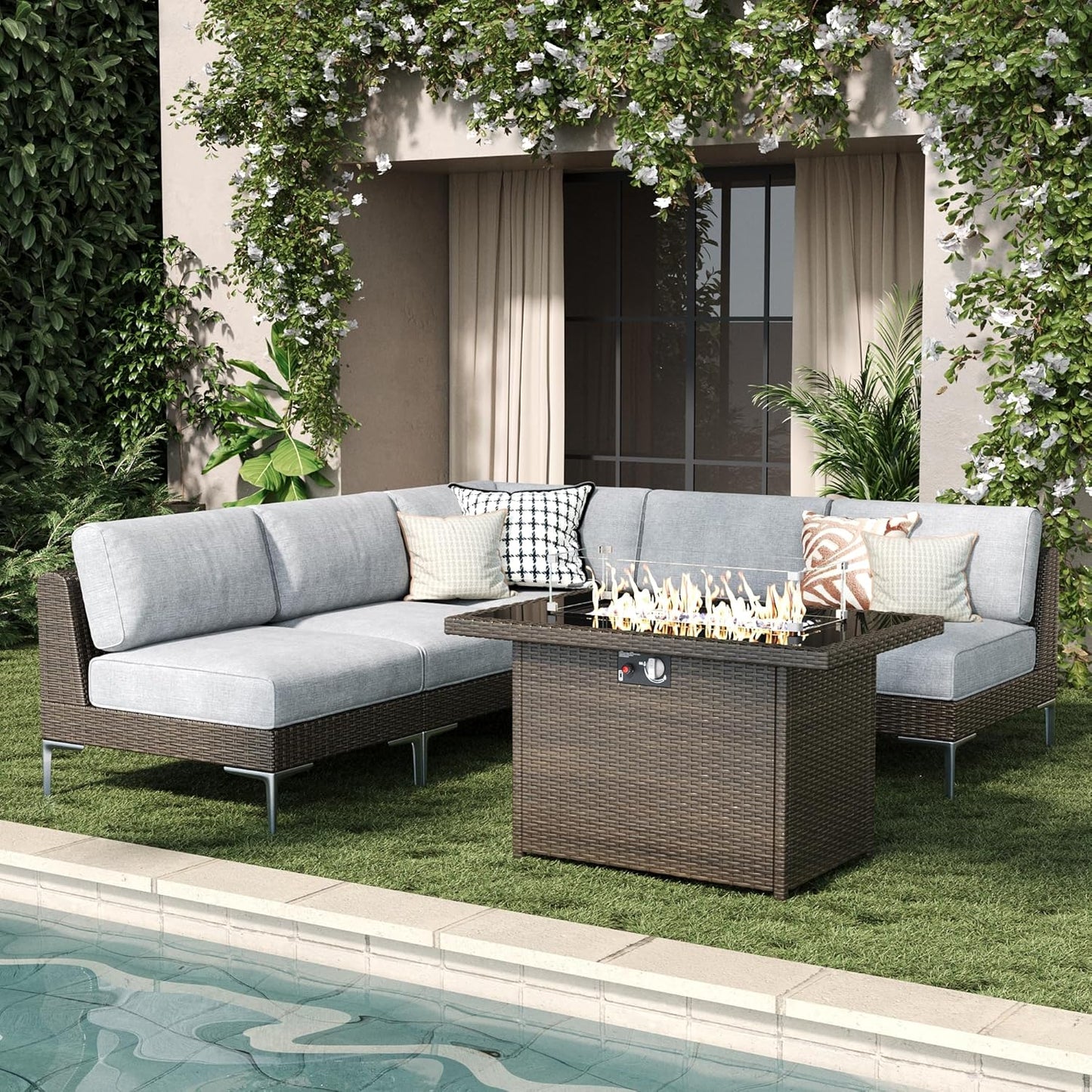 LayinSun 10-Piece Outdoor Modular Wicker Sectional Sofa with Fire Pit Table, Patio Furniture Conversation Set with Deep Seating and Thick Cushions