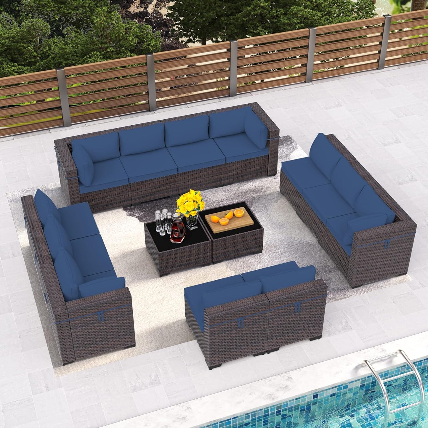 12 Pcs Outdoor Patio Furniture Set Outdoor Furniture All Weather Patio Sectional Sofa PE Wicker Modular Conversation Sets with Coffee Table, Swivel Rocking Chair (Grey)