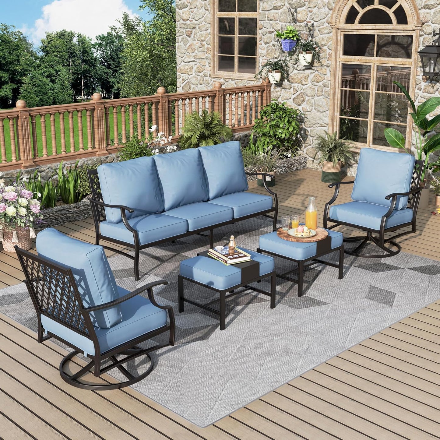Patio Furniture Set 7 pcs, Outdoor Patio Furniture, 3-Seat Sofa, 2 Single Chairs, 2 Rocking Chairs, 2 Ottomans and 5.75" Extra Thick Cushion, Patio Conversation Set for Backyard Deck,Beige