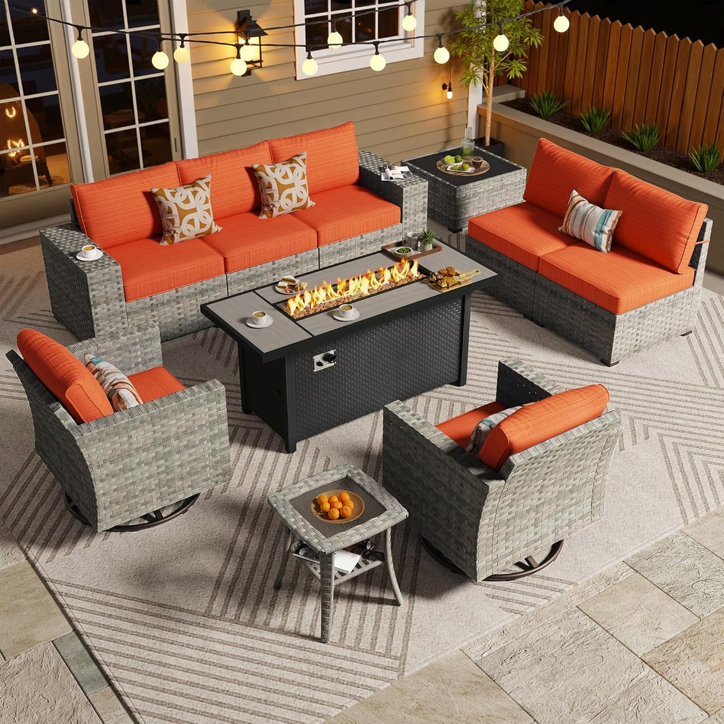 ovios 16 Pieces Patio Furniture Set, Outdoor Wicker Sectional Sofa with 54" Fire Pit Table Swivel Chairs, Modern Modular Deep Seat Rattan Couch Conversation Sets, Beige