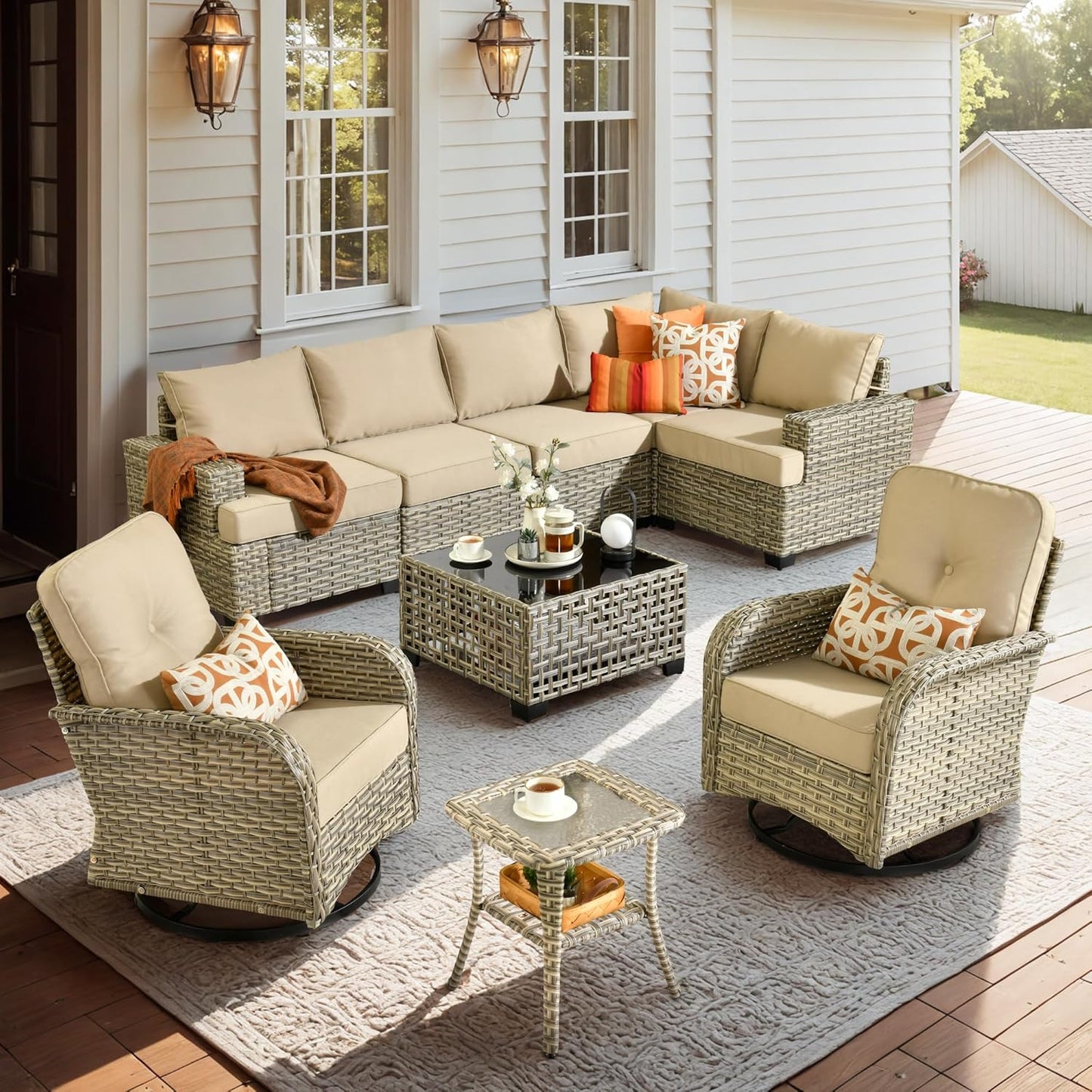 15-Piece Outdoor Sectional Sofa Set w/ 54" Fire Pit – L-Shaped Wicker Patio Furniture, Deep Seating & Swivel Rockers, Black