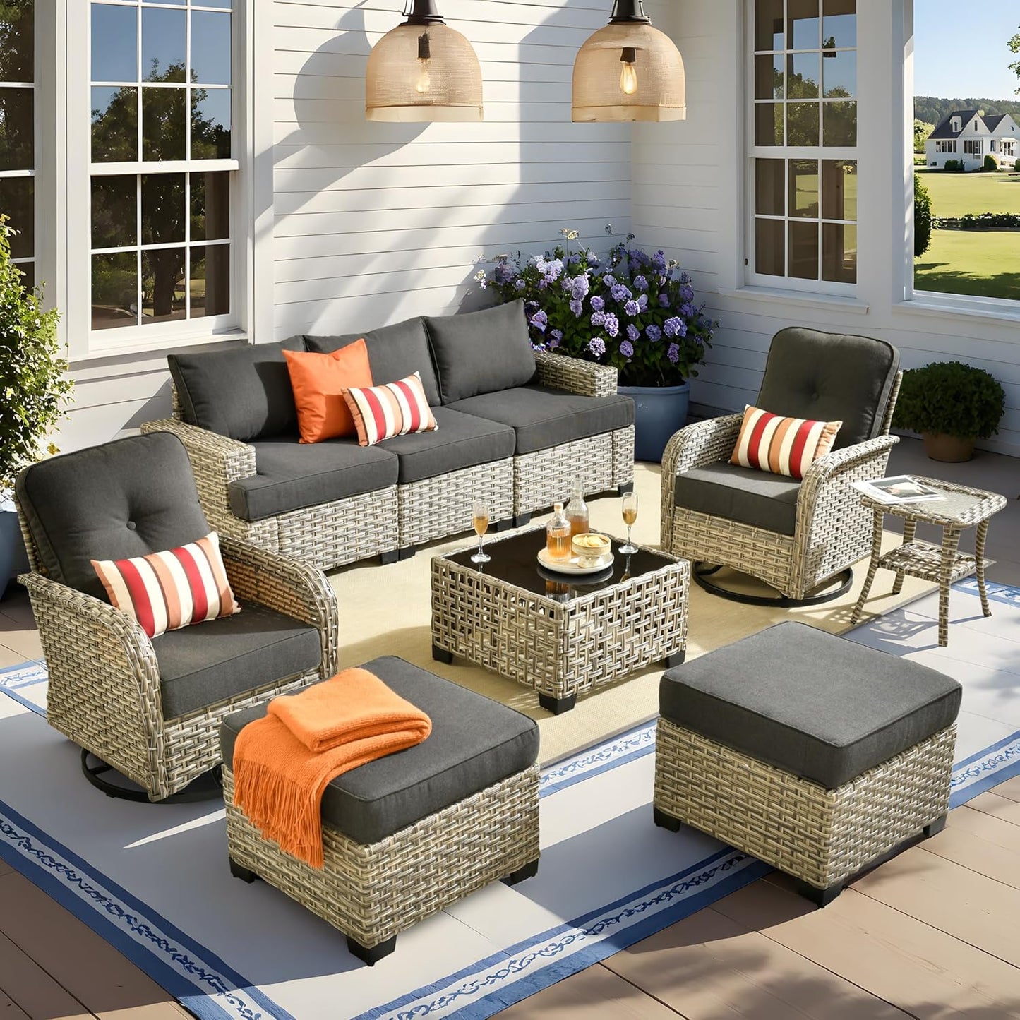 15-Piece Outdoor Sectional Sofa Set w/ 54" Fire Pit – L-Shaped Wicker Patio Furniture, Deep Seating & Swivel Rockers, Black