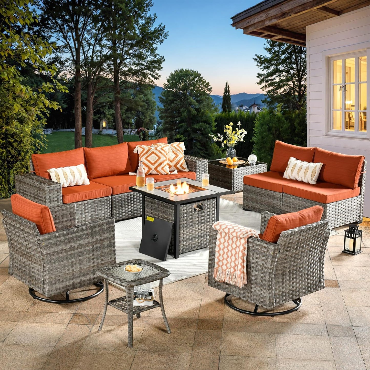 ovios 16 Pieces Patio Furniture Set, Outdoor Wicker Sectional Sofa with 54" Fire Pit Table Swivel Chairs, Modern Modular Deep Seat Rattan Couch Conversation Sets, Beige