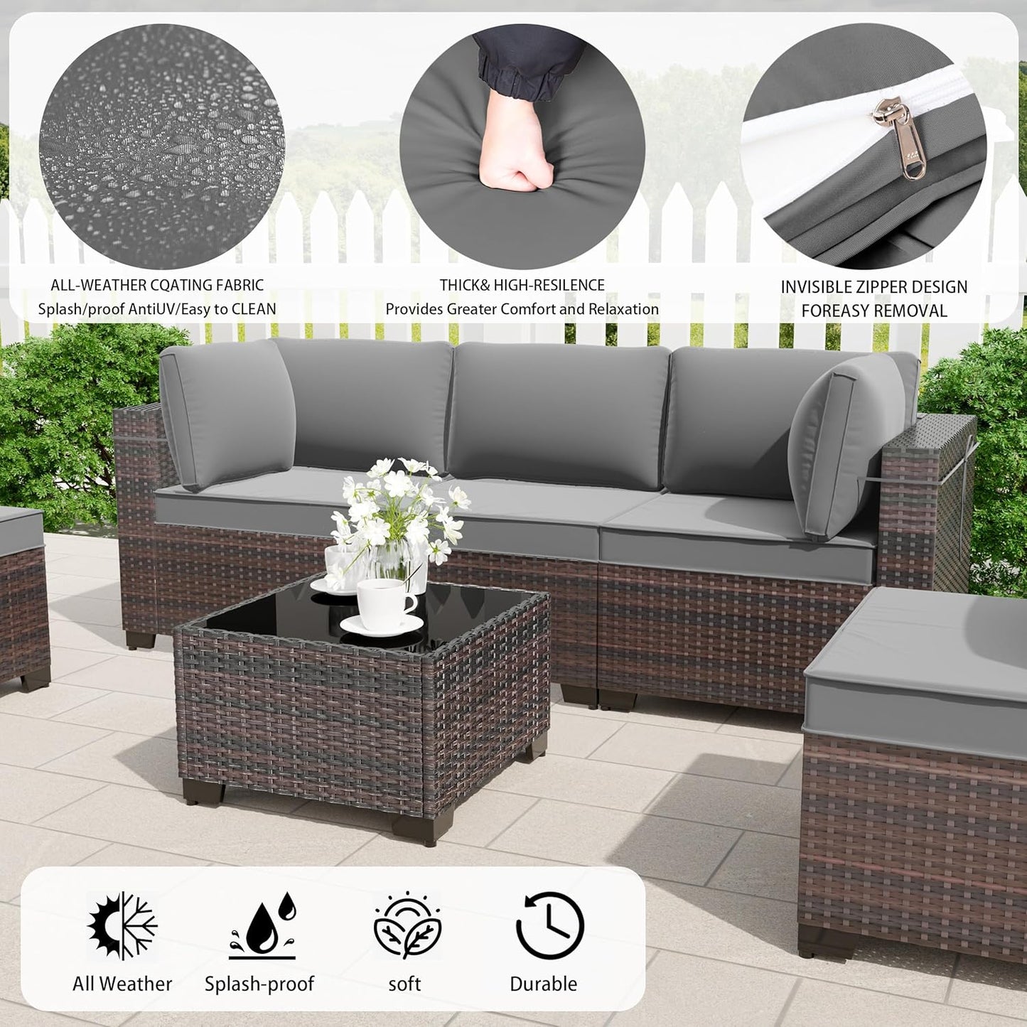 12 Pcs Outdoor Patio Furniture Set Outdoor Furniture All Weather Patio Sectional Sofa PE Wicker Modular Conversation Sets with Coffee Table, Swivel Rocking Chair (Grey)