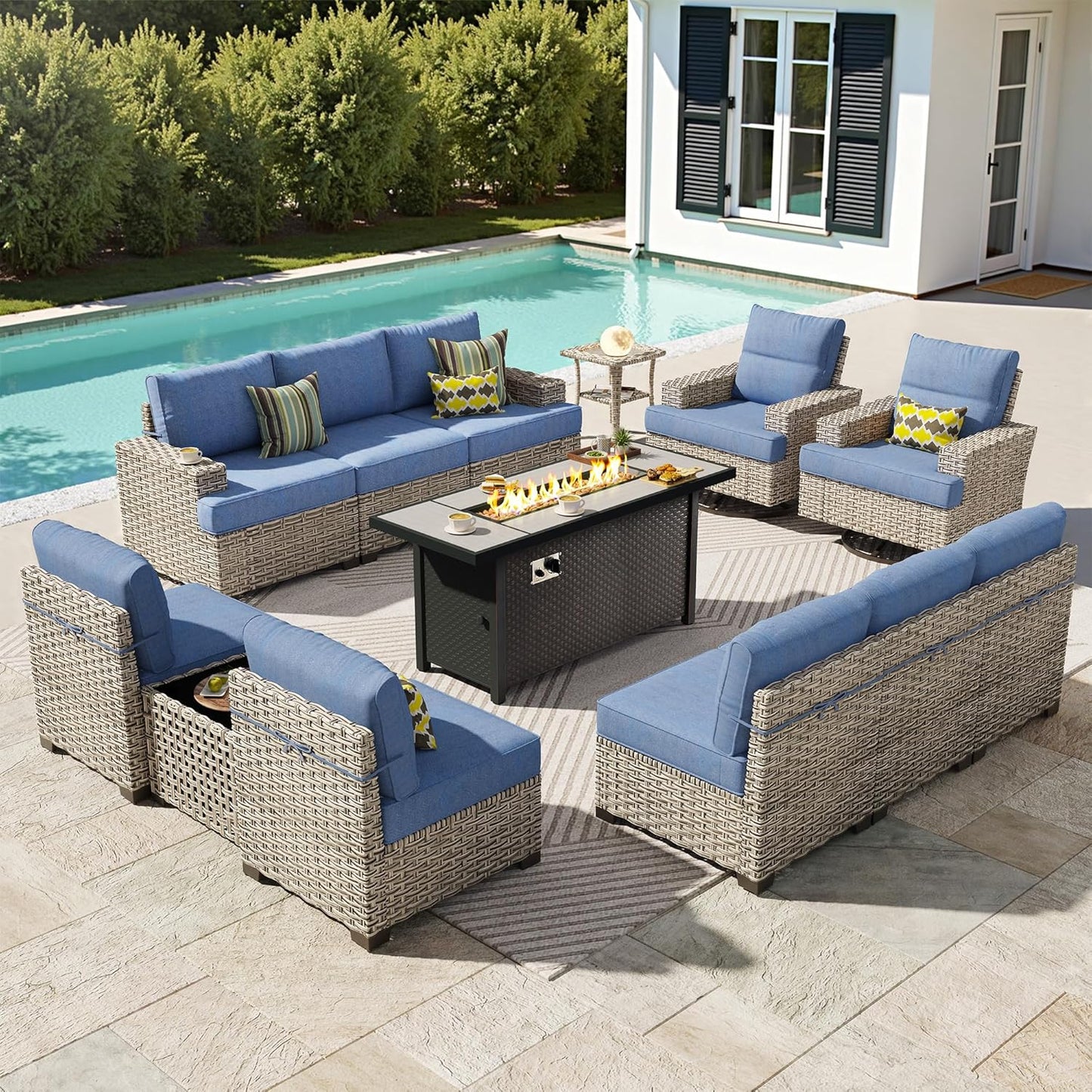 15-Piece Outdoor Sectional Sofa Set w/ 43" Fire Pit – L-Shaped Wicker Patio Furniture, Deep Seating & Swivel Rockers, Black