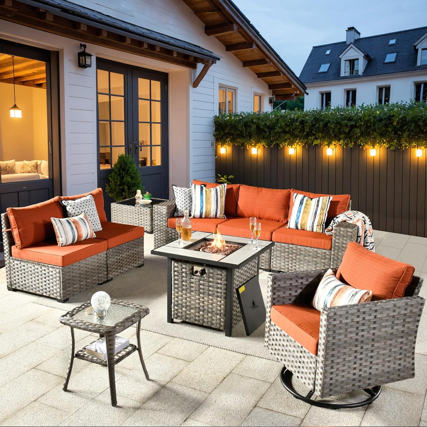 ovios 16 Pieces Patio Furniture Set, Outdoor Wicker Sectional Sofa with 54" Fire Pit Table Swivel Chairs, Modern Modular Deep Seat Rattan Couch Conversation Sets, Beige