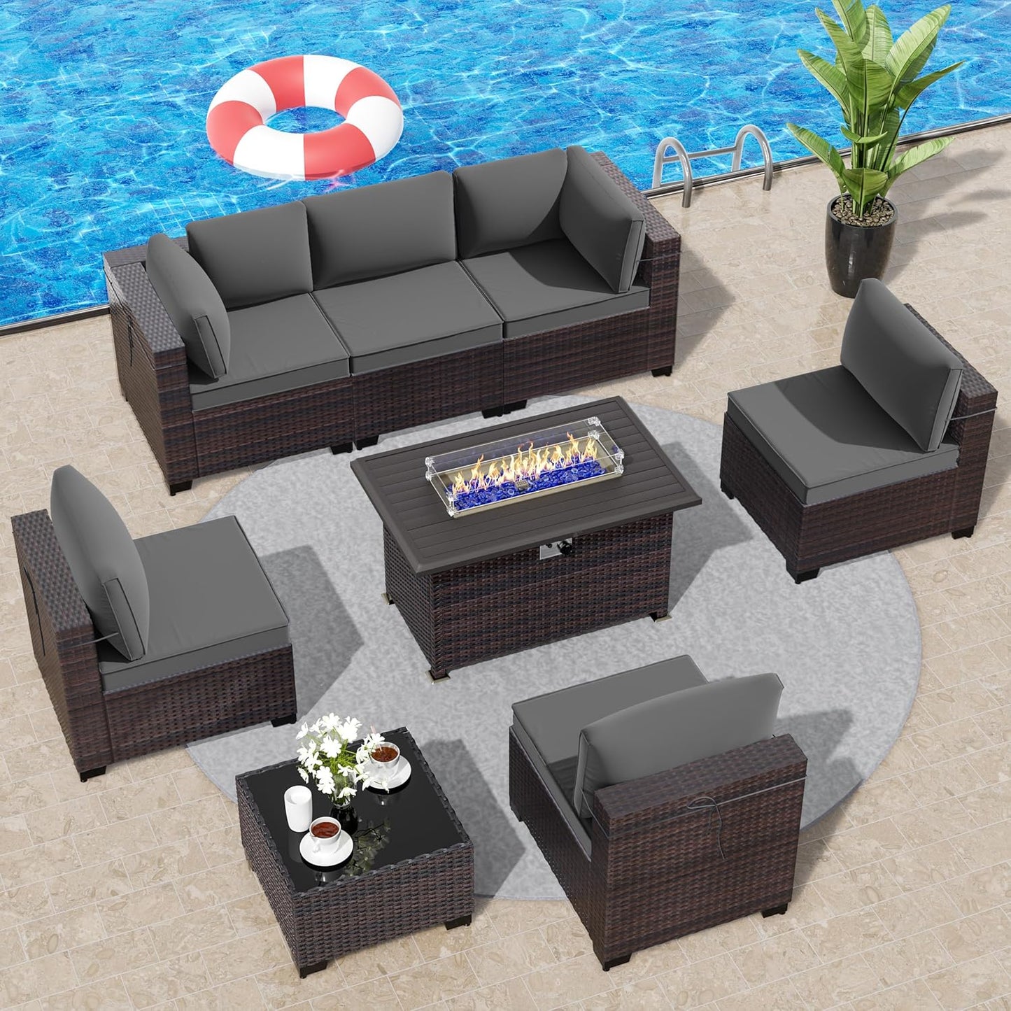 12 Pcs Outdoor Patio Furniture Set Outdoor Furniture All Weather Patio Sectional Sofa PE Wicker Modular Conversation Sets with Coffee Table, Swivel Rocking Chair (Grey)