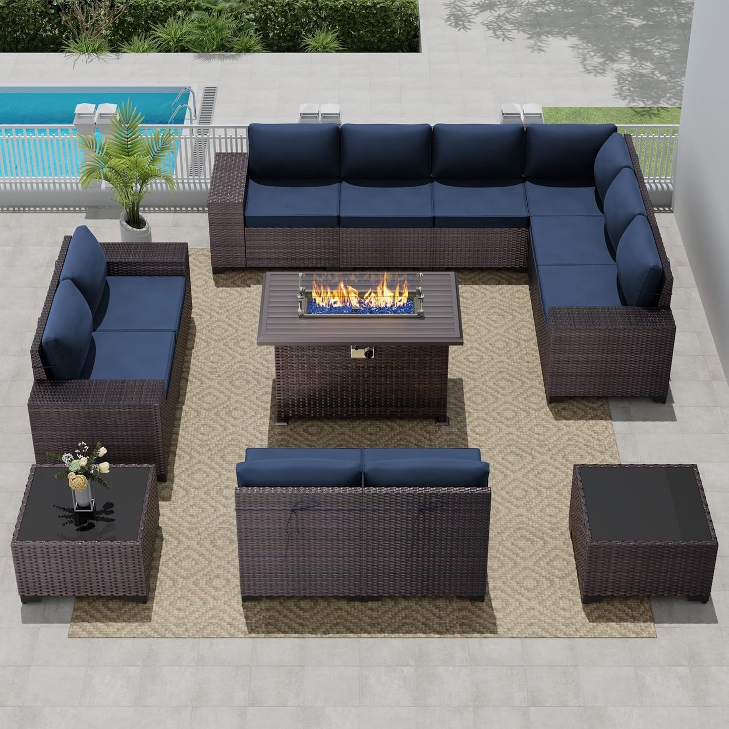 12 Pcs Outdoor Patio Furniture Set Outdoor Furniture All Weather Patio Sectional Sofa PE Wicker Modular Conversation Sets with Coffee Table, Swivel Rocking Chair (Grey)
