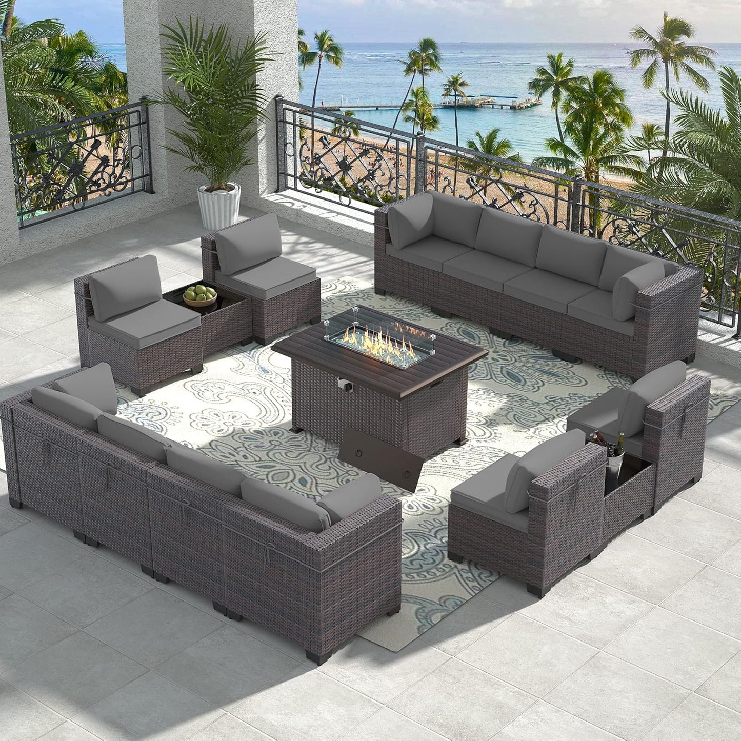 12 Pcs Outdoor Patio Furniture Set Outdoor Furniture All Weather Patio Sectional Sofa PE Wicker Modular Conversation Sets with Coffee Table, Swivel Rocking Chair (Grey)