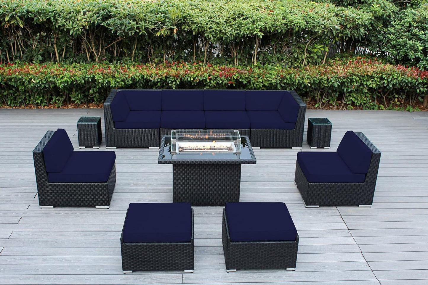 7 Piece Outdoor Patio Furniture Black Wicker Conversation Set with Fully Assembled Sectional and 42-inch Propane Gas Fire Table