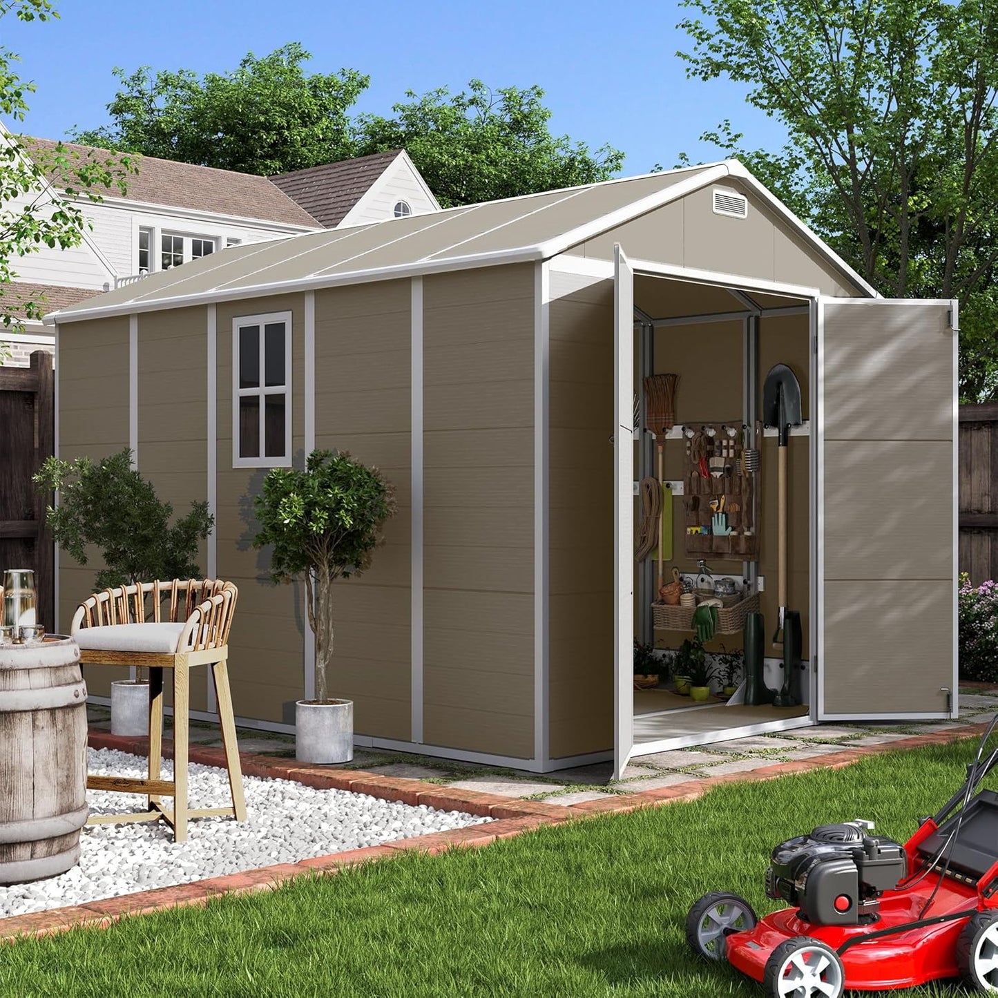 UDPATIO Outdoor Resin Storage Shed 6x4.5 FT, Plastic Garden Shed for Bike, Garbage Can, Tool, Outside Sheds with Lockable Door for Backyard, Patio, Lawn, Grey & White
