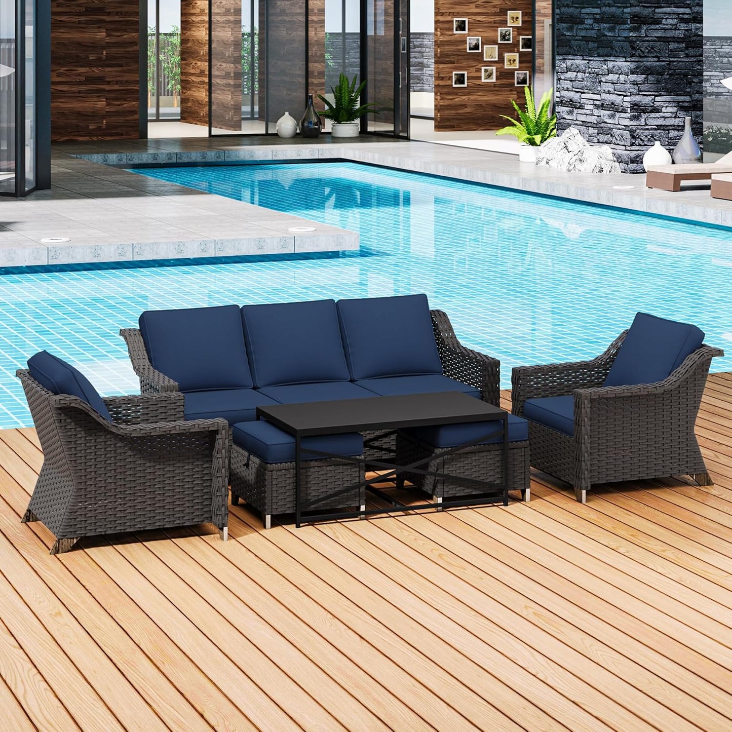 77'' Patio Sofa, All Weather Outdoor Rattan Wicker 3-Seat Sofa High Back Couch with Premium Cushions for Garden Backyard Porch(Brown/Navy)